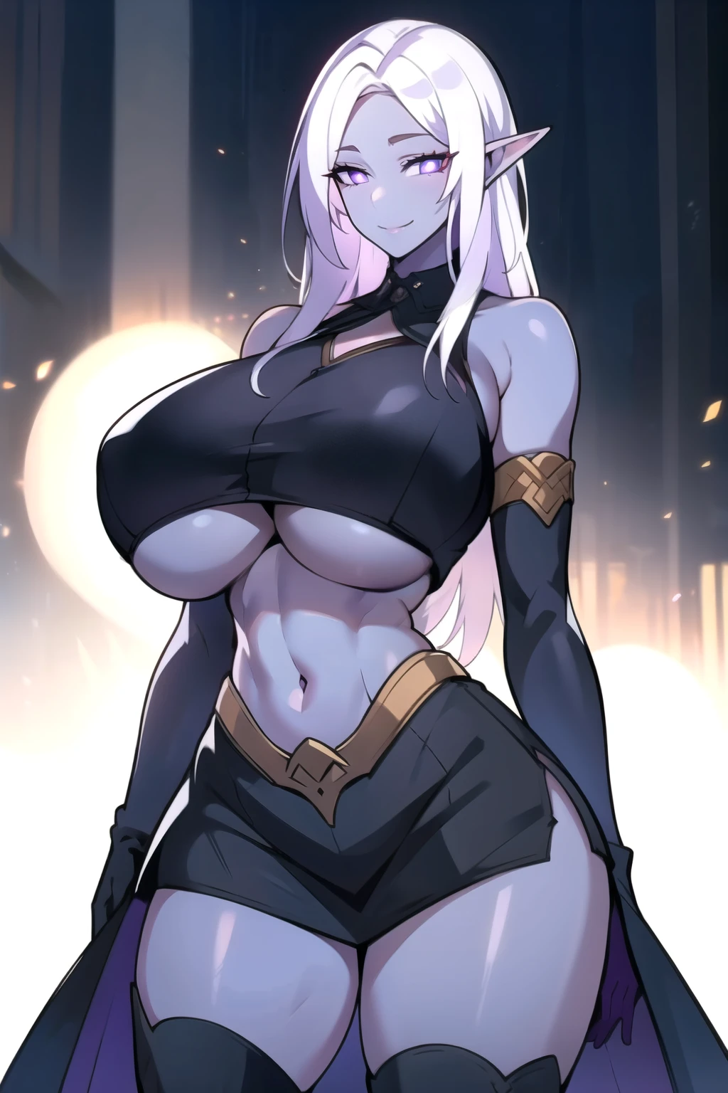 masterpiece, best quality, absurdres, 8k, perfect shadows,perfect lighting,hdr, cowboy shot,shiny skin,skindentation, beautiful body, kafka, ((white hair: 1.4)), long hair, (violet eyes: 1.4),  (crop top, (underboob : 1.4), elbow gloves, thigh boots, split skirt, bare shoulders, curvy, midriff, curvy, thighs, higheels, shiny clothes), complex detailed background, inside, luxury palace) (gigantic breasts,hourglass body, thin waist,very slim waist)extremely detailed face,detailed eye makeup, detail face, nice detailed eyes,nice hands, perfect hands (realistic pupils,realistic iris:1) heavy eye makeup,glowing eyes, Bright eyes,standing,standing at attention,(seductive smile), (gigantic breasts: 1.4) , curvy, cowboy shot, (( blue skin: 1.1)), long elf ears