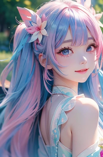 The arrival of autumn、big butt、 (alone:1.5,)Super detailed,明るいcolor, very beautiful detailed anime face and eyes, look straight, ;d, shiny_skin,girl, (((虹colorの髪, colorful hair, Half blue、half pink hair: 1.2))), 、forehead is exposed.、green eyes、、shiny hair, delicate beautiful face, blush、(turquoise eyes), White skin, Valletta, earrings,、sunset、forest road、(((Floral、黄color、細かいフリルが付いた青いFloralロリータドレス,)))、twin tails、smile、happy face、face dyed red、color々pose、Full body portrait from head to toe、