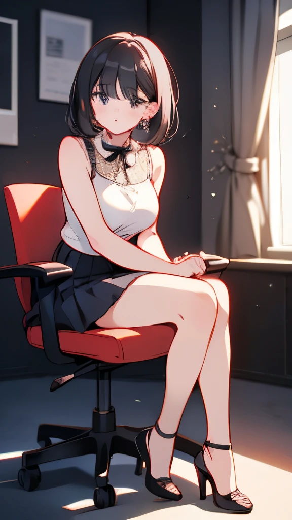 (masterpiece, highest quality, 4k, realistic, cinematic, Super detailed), wide shot, full body, perfect anatomy, curvaceous body, long and round legs, 1 girl, short black hair, sitting in an office chair, cross her legs, lavender sleeveless blouse, powder blue pleated mini skirt, silver wedge heels, , Teardrop Earrings