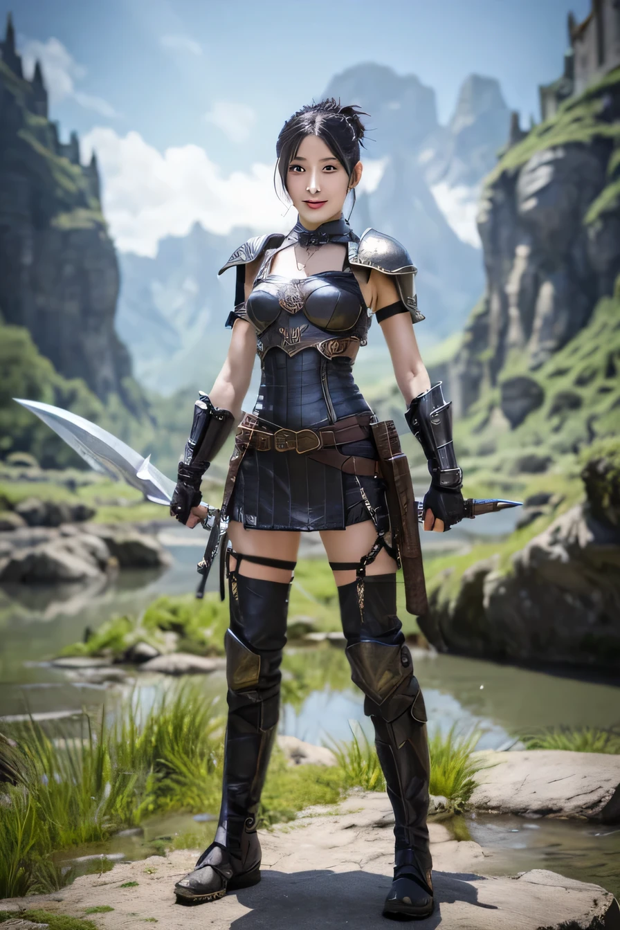 highest resolution, 4k, masterpiece: 1.3), japanese mature, women pictures, sexy, fine eyes, slender body shape, realistic teeth, double eyelid, full body, highest quality, get used to it, equipped with armor, in a fantasy world, The background is a castle、black hair、ear piercing、smile、beautiful teeth、open your mouth、full body photo、have a weapon