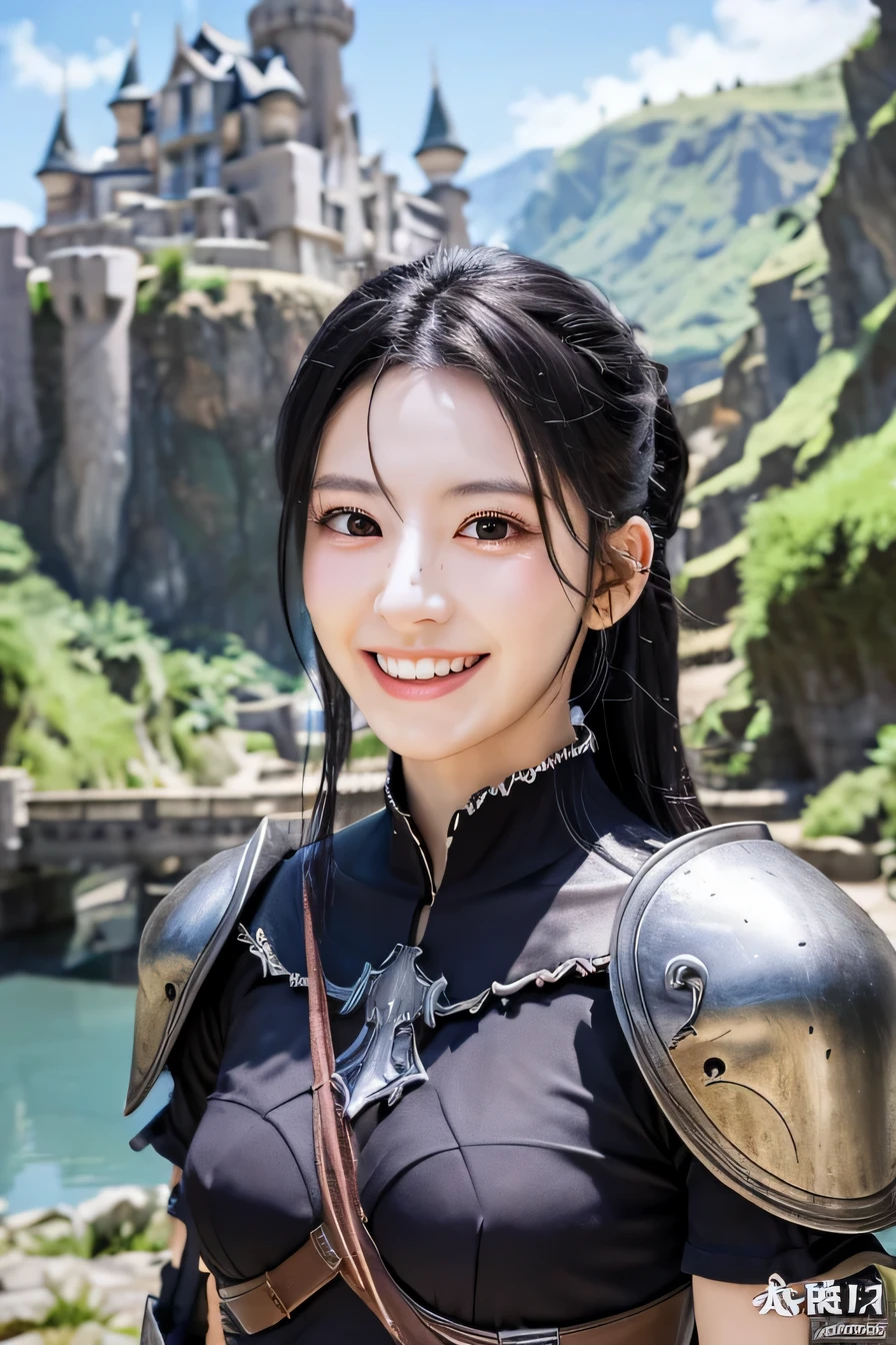 highest resolution, 4k, masterpiece: 1.3), japanese mature, women pictures, sexy, fine eyes, slender body shape, realistic teeth, double eyelid, full body, highest quality, get used to it, equipped with armor, in a fantasy world, The background is a castle、black hair、ear piercing、smile、beautiful teeth、open your mouth、full body photo、have a weapon

