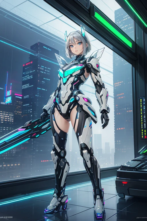(Realistic:1.3), (Original:1.3), masutepiece, Best Quality, Beautuful Women, short-haired gray hair, ((Transparent futuristic glass mech armor)),  neon halo, mechanical wings,large wings,  skyscraper rooftop, Realism, elaborate details, deep in the night, Cyberpunk, neon accents,Maids
