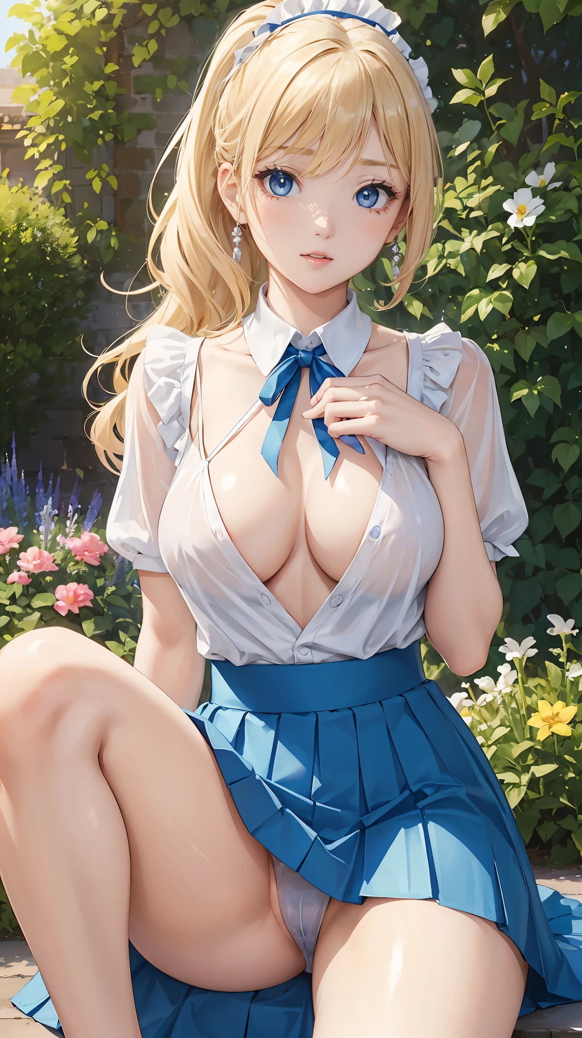 (masterpiece:1.2), (highest quality:1.2),, Curvy but slender body, perfect eyes, perfect face, perfect lighting, 1 girl, in the garden, （blouse），（skirt），（maid），（ponytail），curly hair, fine clothes, detailed outdoor background, compensate, eye shadow, thick eyelashes, fantasy, looking at the viewer, whole body、blue sky、Bright and beautiful face、young shiny glossy white shiny skin、the best beauty、the most beautiful bright blonde hair in the world、thin hair、long hair、Shining beautiful bangs、big shining blue eyes、very beautiful and nice 18 years old, the most beautiful girl in the world、small breasts、a sexually excited look、tits、nipple、spread your legs wide、((she shows no panties、skirtを持ち上げる))、(Love juice dripping from the vagina)