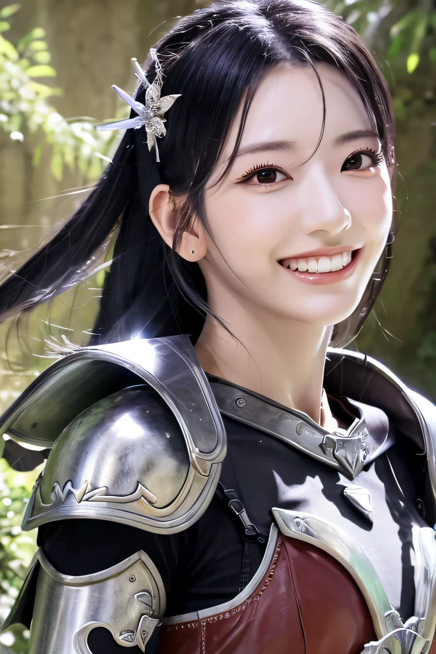 highest resolution, 4k, masterpiece: 1.3), japanese mature, women pictures, sexy, fine eyes, slender body shape, realistic teeth, double eyelid, full body, highest quality, get used to it, equipped with armor, in a fantasy world, The background is a castle、black hair、ear piercing、smile、beautiful teeth、open your mouth、full body photo、have a weapon