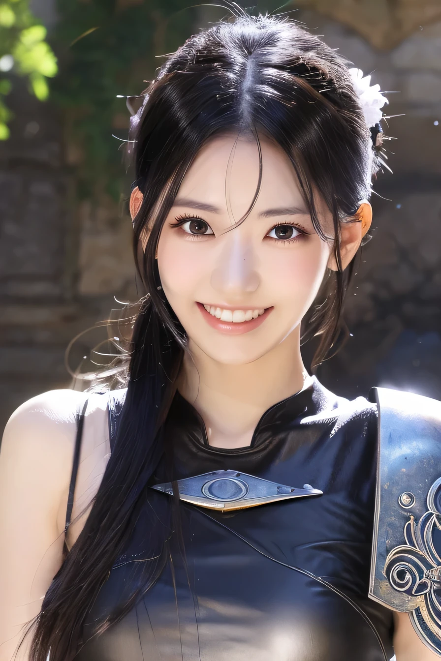 highest resolution, 4k, masterpiece: 1.3), japanese mature, women pictures, sexy, fine eyes, slender body shape, realistic teeth, double eyelid, full body, highest quality, get used to it, equipped with armor, in a fantasy world, The background is a castle、black hair、ear piercing、smile、beautiful teeth、open your mouth、full body photo、have a weapon

