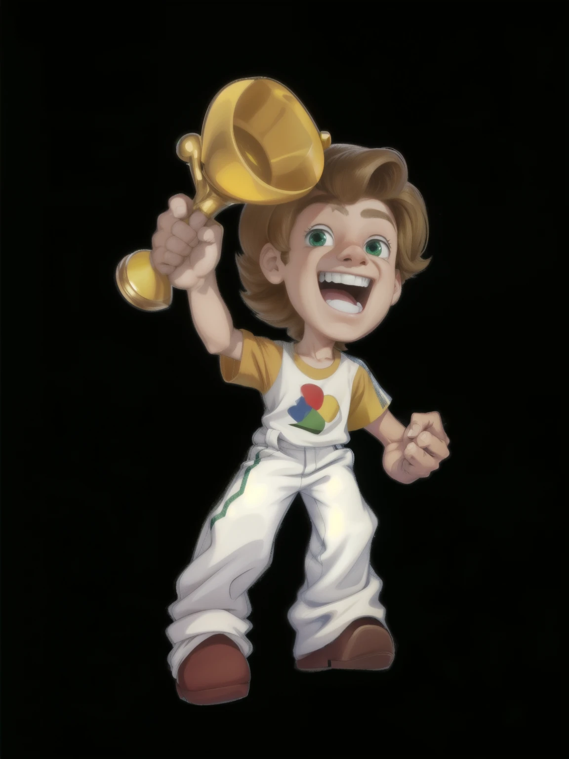 personagem 3d, tipo disney, personagem , com cabelo castanho, olhos verdes, yellow t-shirt and white jumpsuit, holding trophy cup in celebratory pose