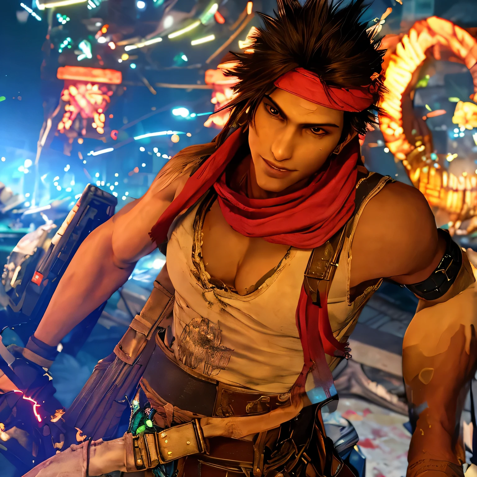 ff7r style,1boy, messy hair, grin, thief attire, blurry background, medium hair, bandana, flashy clothes, tanned skin, handsome, beautiful face, portrait, young, attractive, handsome, smiling, ((masterpiece)), HIGH QUALITY, PERFECT EYES, BEAUTIFUL EYES, MUSCLES,, DETAILED EYES