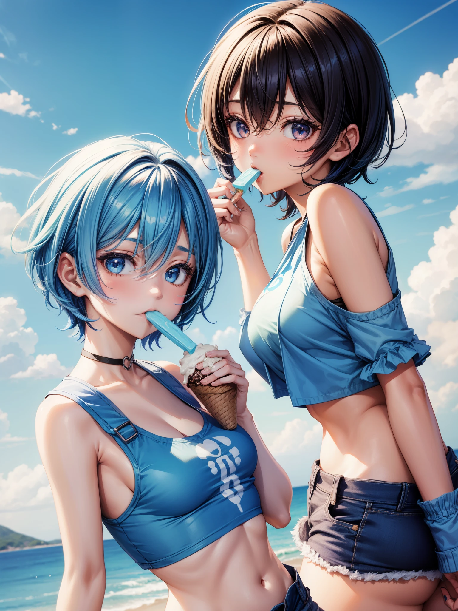 anime girl ,short blue hair,wearing croptop,have small breasts, eating ice cream