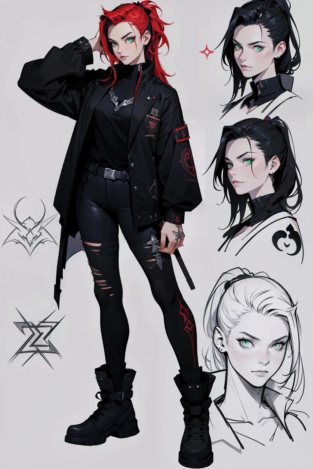 1 girl, Sidecut hair, Vi arcane, Sidecut hair, ager, rock jacket, black clothing, red hair, light background, full body, long hair, teen, tribal tattoo, colorful parts, sketchbook, hand drawn hand, witch symbols, dark , bold, realistic sketch, sketch, mixing dark lines and loose lines, bold lines, on paper, turn on character sheet, human woman, green eyes, full body, imposing pose, lots of details, stylish outfit, witch symbols, runes , dark theme , black shirt, beautiful, pretty, modest