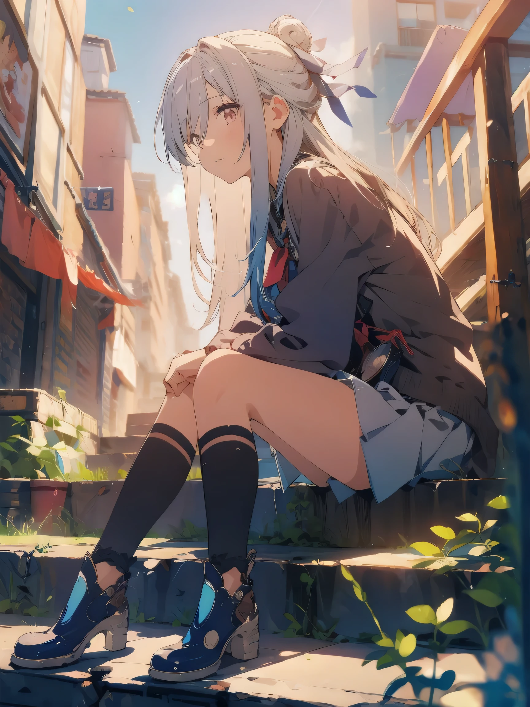 Anime girl sitting on stairs with hands on her face, artwork in the style of guweiz, anime style 4 k, guweiz, realistic anime 3 d style, High quality anime art style, Smooth Anime CG Art, the anime girl is crouching, guweiz on pixiv artstation, Realistic anime art style、Woman sitting on chair in black top and jeans, Baggy pants, dressed with long fluent clothes, wearing a long flowy fabric, casual clothing style、 wearing a baggy, multilayered outfit, Silver and muted colors, Relaxed style, grey Clothes, Pants, baggy, Gray skin. grunge, Styling、Ruins、Buildings eroded by vegetation,hi-school girl、military outfits, guweiz and makoto shinkai, realistic anime 3 d style, Kyoto Animation Style、Blue tie,