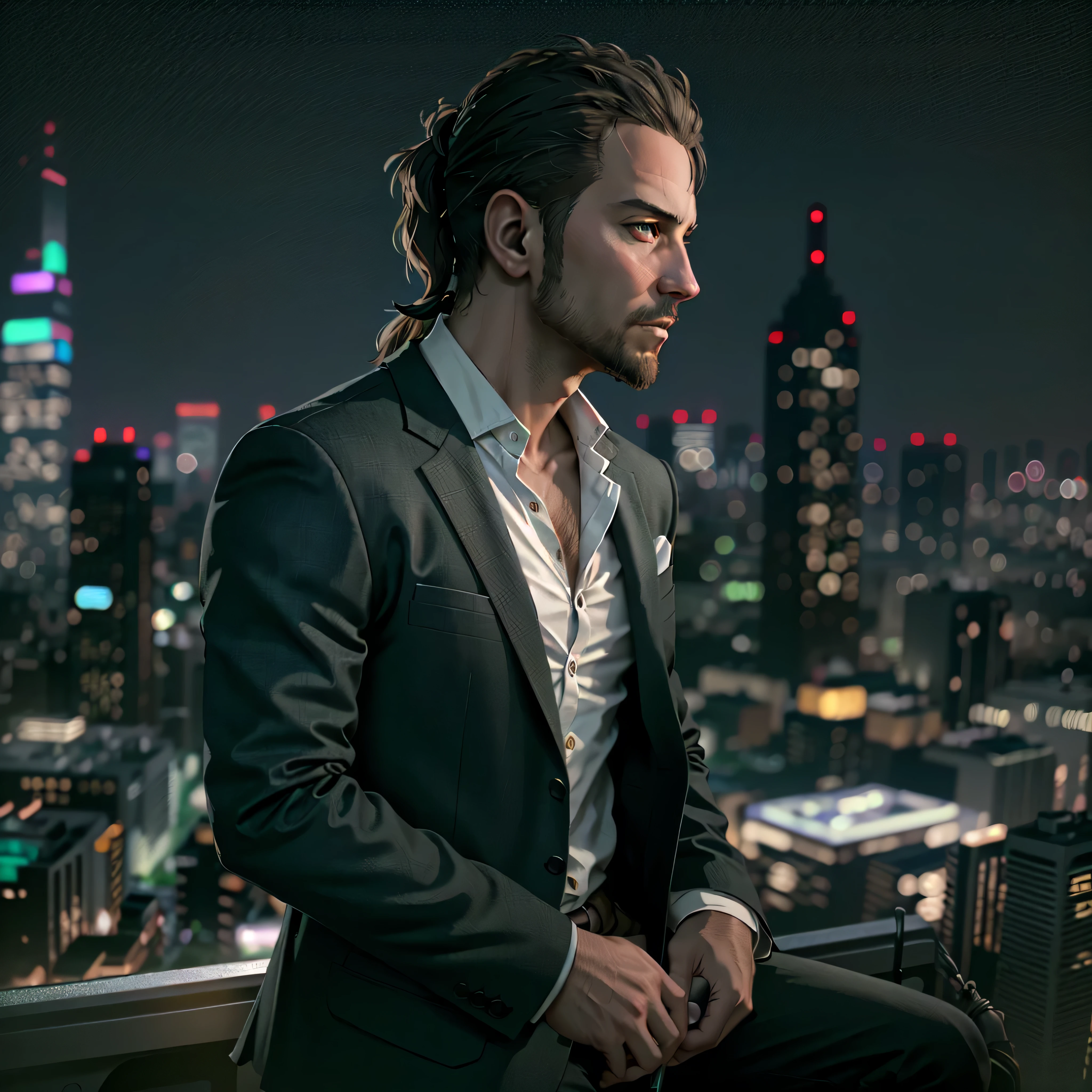 ((ultra detailed, masterpiece, best quality))
 REVChris, 35yr. old, 1boy, solo, ponytail hair, goatee, On a sophisticated city rooftop, dressed in a sharp blazer, with the skyline as the backdrop, at night, photo-realistic, octane render, unreal engine, ultra-realistic