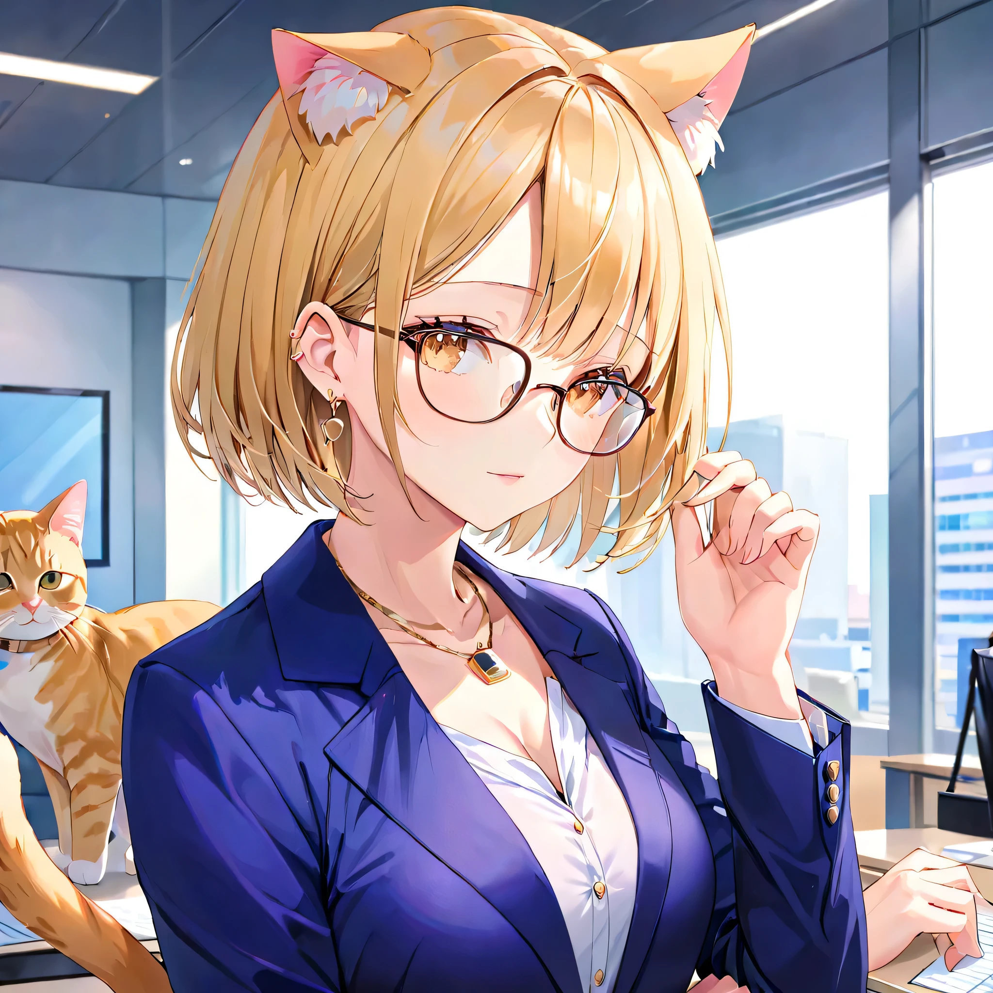 office、beautiful mature woman、suit、Businessman、Glasses、Upper body、earrings、necklace、(Cat ear)、Bob cut blonde hair、1 girl、Touching Glasses、