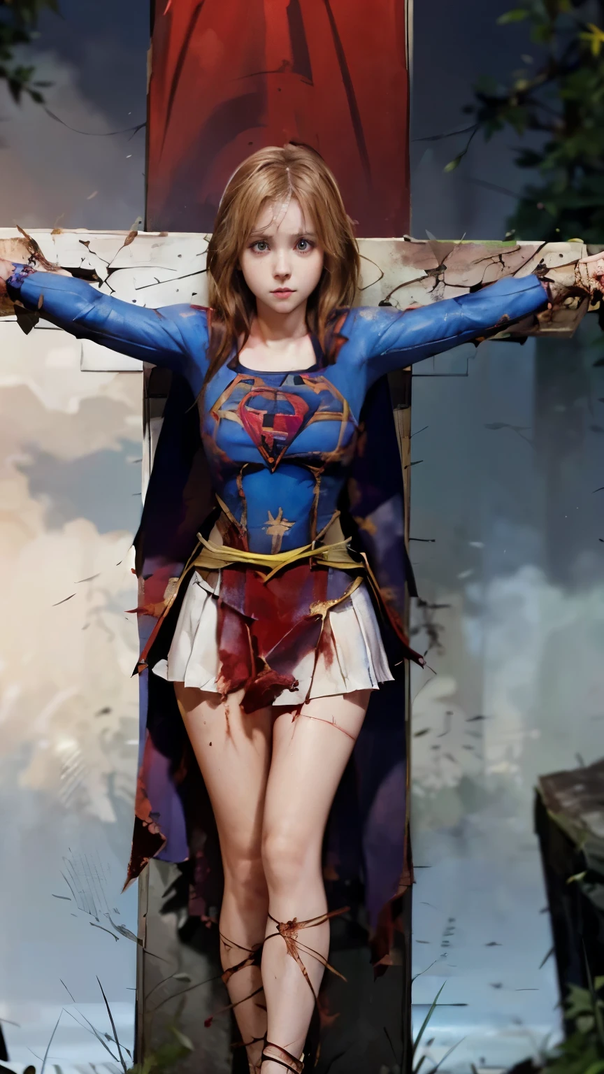 highest quality,masterpiece,UHD, Super detailed, 8K,realな質感,realな写真,real,(Beautiful woman),(一人のBeautiful woman),((crucifixion:1.5)),(((cross))),(execution),((incontinence)),scared,torture,slave,((crossにcrucifixionにされた女性:1.5)),crucifixion刑,((supergirl:1.5)),blue suit,Superman logo on chest,red skirt,red boots,((torn costume:1.5)),((Tearing of clothes:1.5)),(tattered clothes:1.5),Beaten face,顔にtraces of being beaten,((bruises on body)),scars on body,injured face and body,(Bruise, dirty, torn clothes, revealing clothes, Blood:1.3),traces of being beaten,Defeated heroine,a devastated world,ruins,abandoned building,(burning at the stake),((roasted over fire:1.2)),inflammation,(inflammationに包まれている),足下にinflammation,NSFW