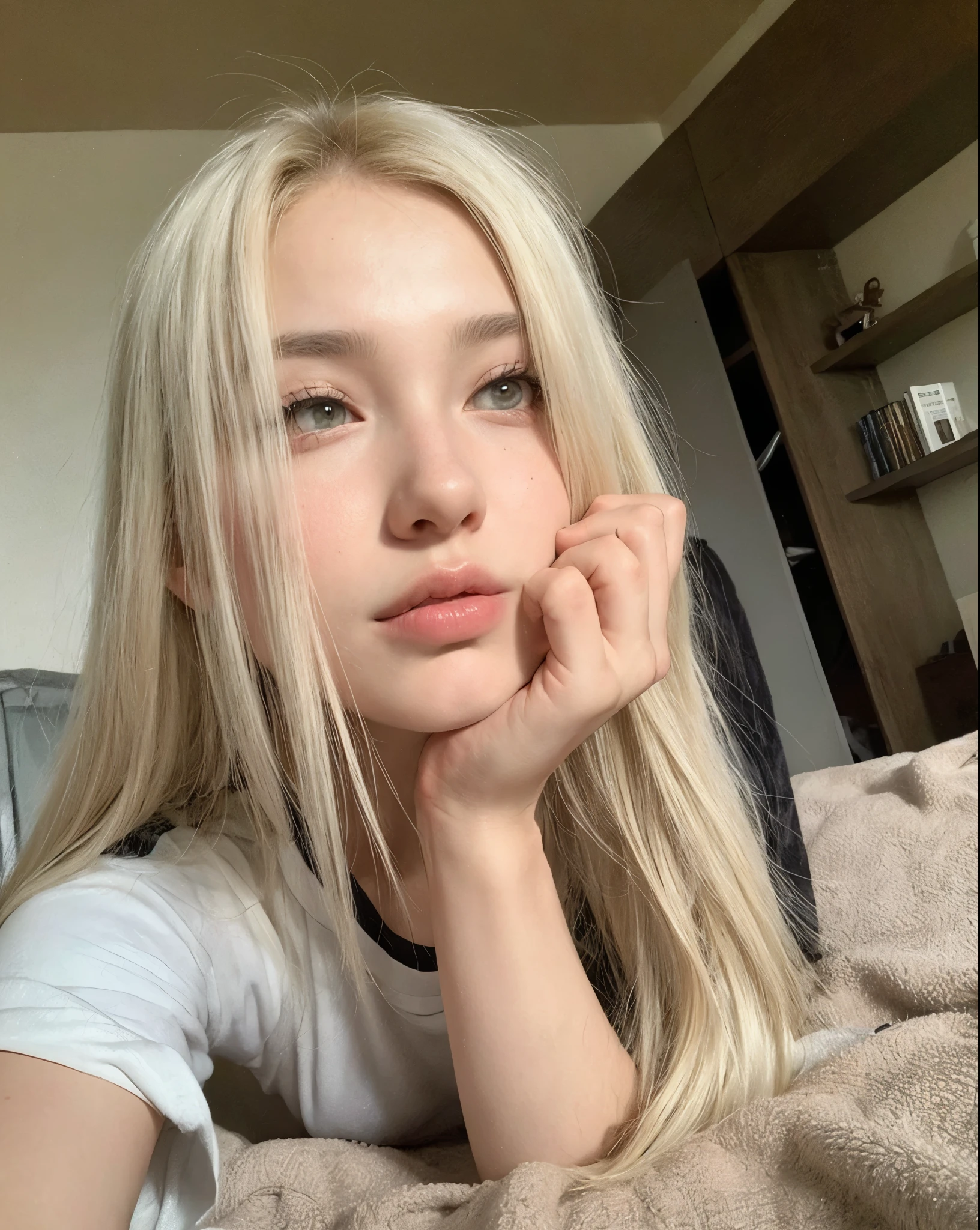 Blonde girl with long hair laying on bed looking at camera - SeaArt AI