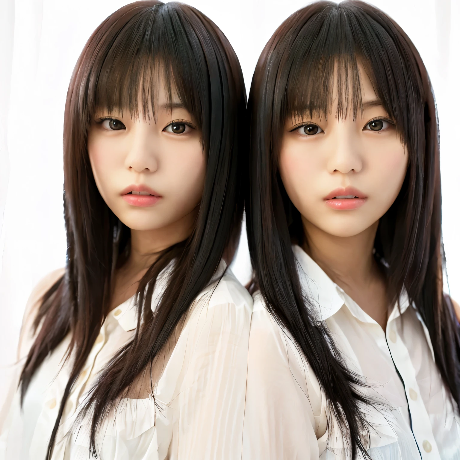 Twin Asian women with long black hair and white shirts, doppelganger, Photographed with Canon 5D MK4, Photographed with nikon d 7 5 0, Shot with Nikon D750, Canon EOS 5 d Mark IVで撮影, Shot with Canon EOA 6D Mark II, Close-up portrait shot of Ame Iwakura, Photographed with Nikon Z9