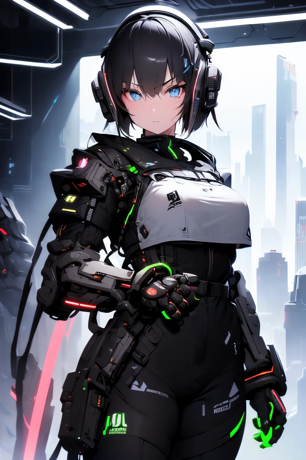 Ultra detailed,  girl serious face,  Robotic Hands , fully robotic  , soldier girl. Cyberpunk  , leds . Hands mechanical. 