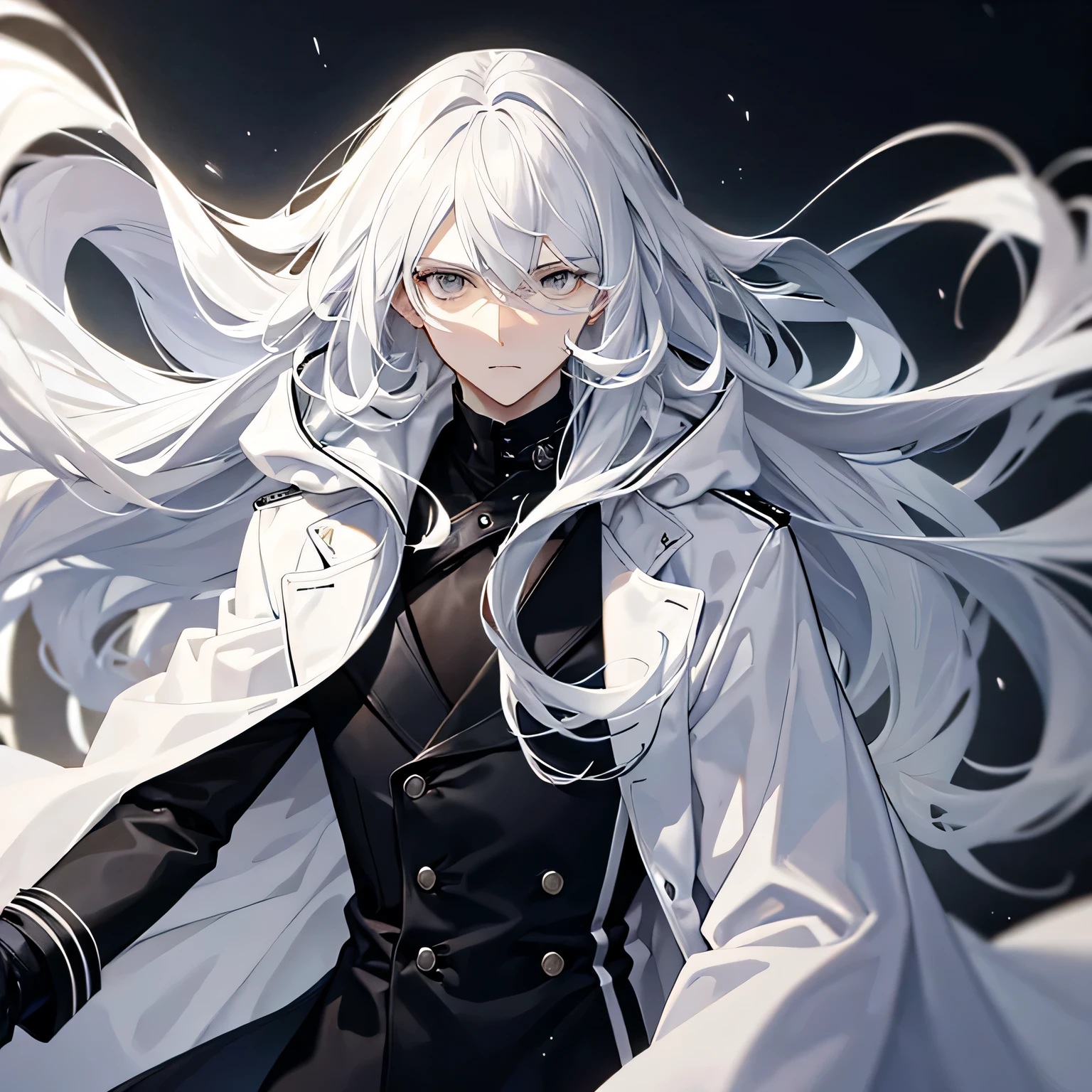 tall male , poker face , white wavy long hair , grey eyes , wearing all black trench coat , and a white shawl 