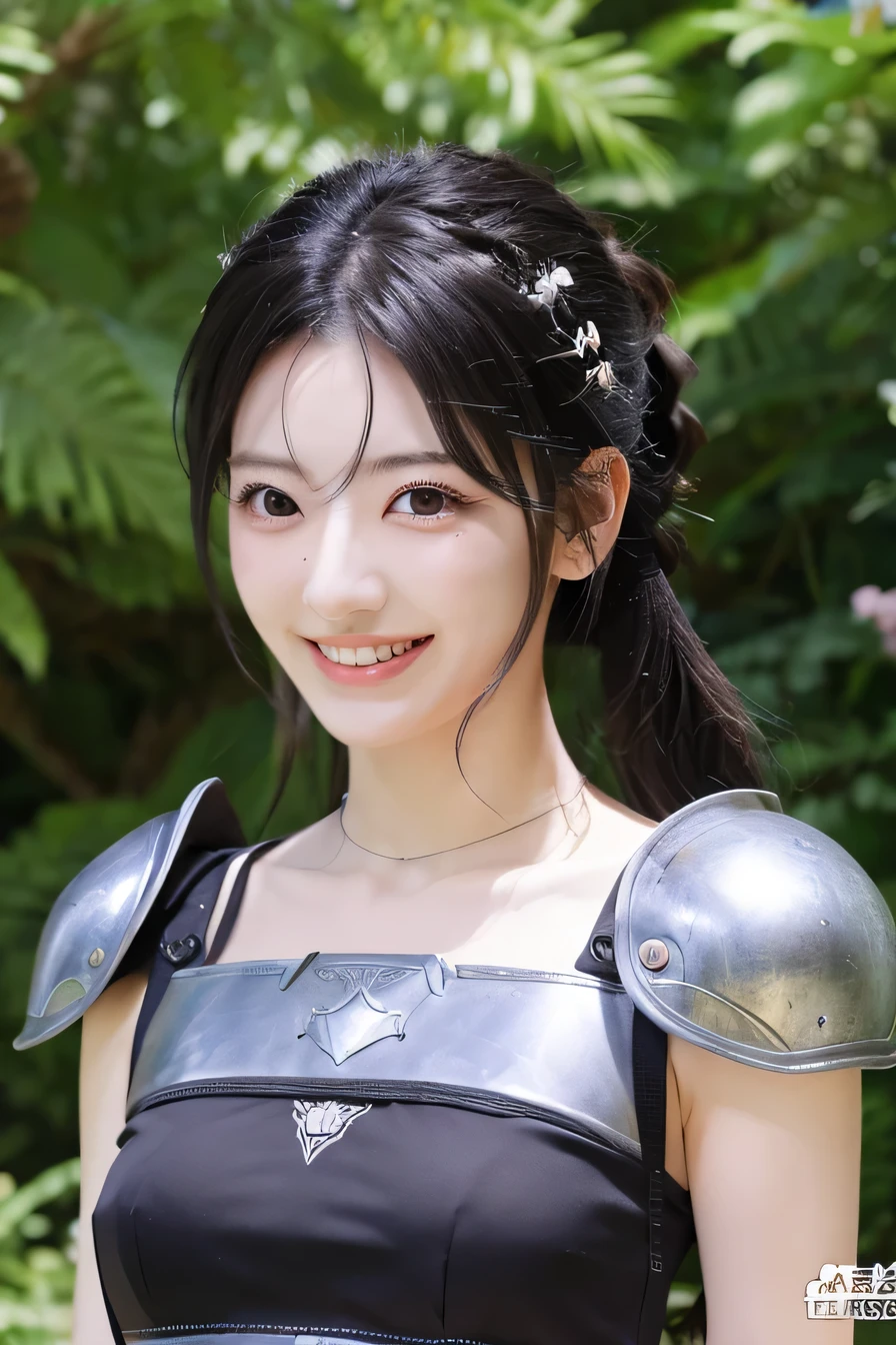 highest resolution, 4k, masterpiece: 1.3), japanese mature, women pictures, sexy, fine eyes, slender body shape, realistic teeth, double eyelid, full body, highest quality, get used to it, equipped with armor, in a fantasy world, The background is a castle、black hair、ear piercing、smile、beautiful teeth、open your mouth、full body photo、、Hold your weapon