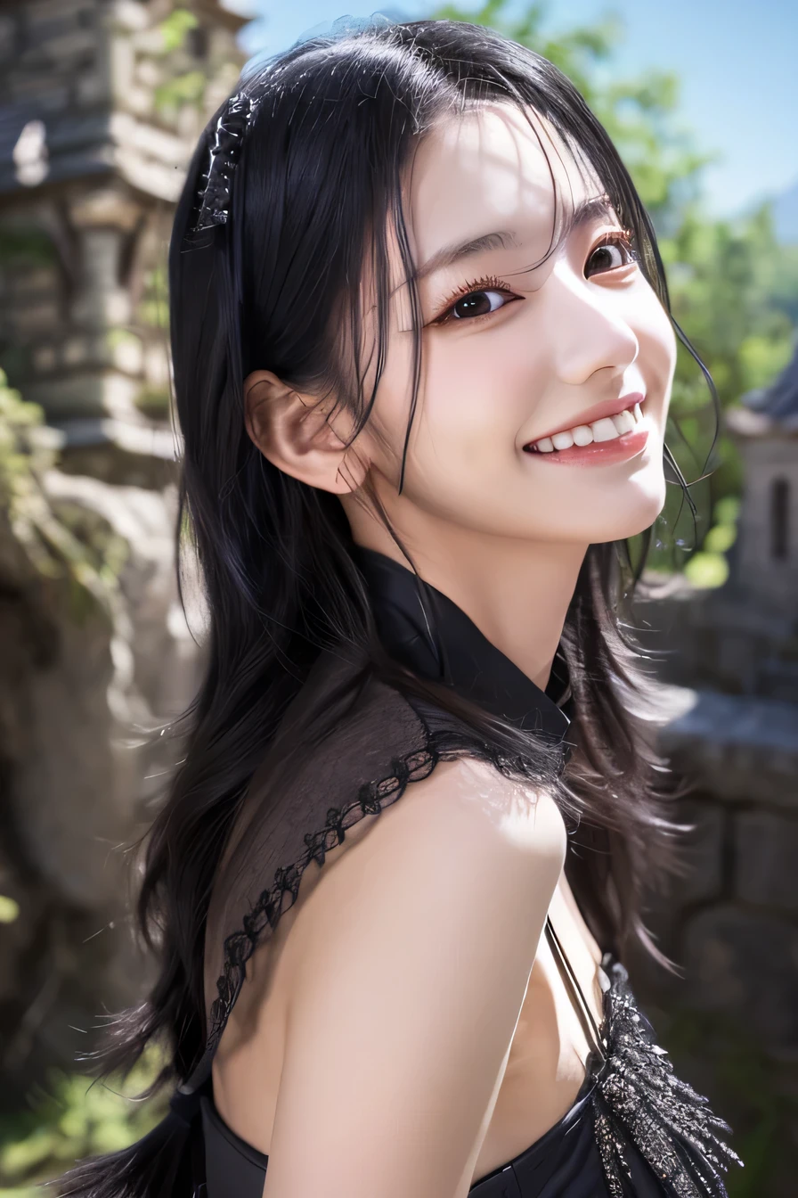 highest resolution, 4k, masterpiece: 1.3), japanese mature, women pictures, sexy, fine eyes, slender body shape, realistic teeth, double eyelid, full body, highest quality, get used to it, equipped with armor, in a fantasy world, The background is a castle、black hair、ear piercing、smile、beautiful teeth、open your mouth、full body photo、、Hold your weapon

