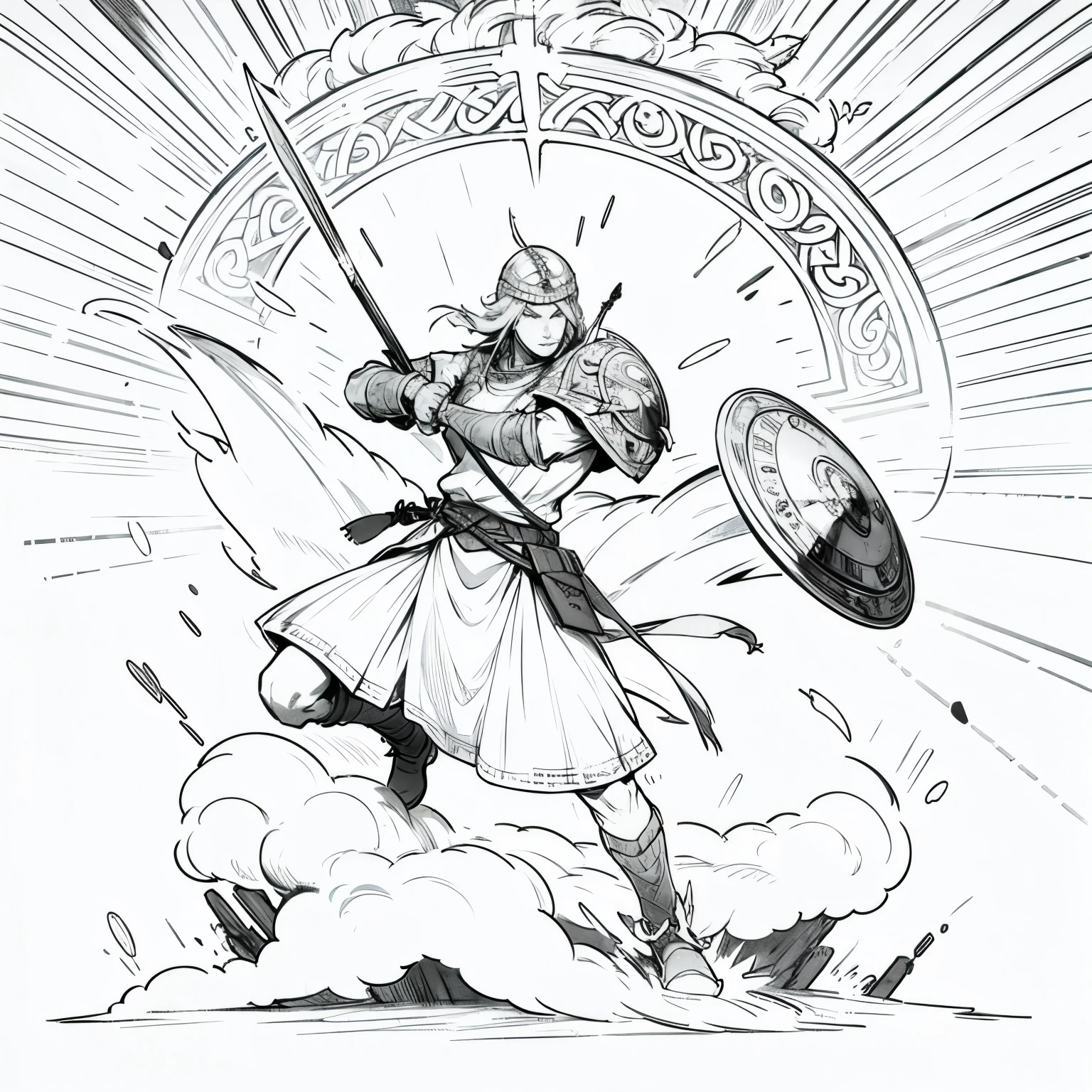 Viking warrior with round shield in defense position 