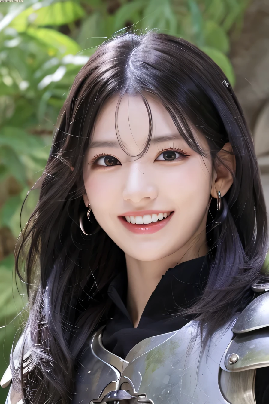 highest resolution, 4k, masterpiece: 1.3), japanese mature, women pictures, sexy, fine eyes, slender body shape, realistic teeth, double eyelid, full body, highest quality, get used to it, equipped with armor, in a fantasy world, The background is a castle、black hair、ear piercing、smile、beautiful teeth、open your mouth、full body photo、、have a weapon

