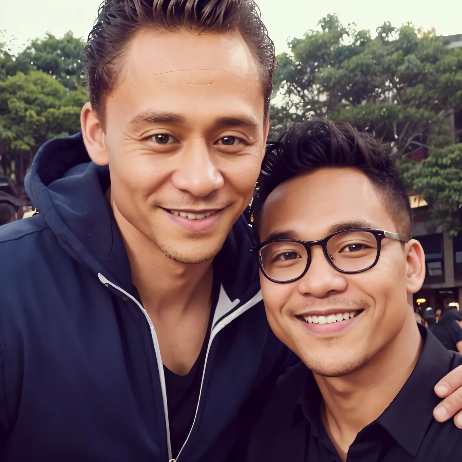 (Best quality, 8k, 32k, Masterpiece, UHD:1.2) "Generate an image featuring a chubby Filipino man with short black hair and eyeglasses, standing next to a celebrity ((Tom Hiddleston)). Both individuals are posing together and smiling as if taking a selfie.
Ensure that the chubby Filipino man's appearance is depicted accurately, with attention to his facial features and physique. Emphasize his friendly and jovial demeanor through his expression and body language.
The celebrity should be recognizable and exude a sense of warmth and approachability. Depict them in stylish attire suitable for a casual gathering or event.
Create a backdrop that complements the setting, such as a trendy urban environment or a bustling public space. Incorporate elements that enhance the scene's jovial atmosphere, such as colorful decorations or festive lighting.
Capture the interaction between the two individuals authentically, conveying a sense of camaraderie and shared enjoyment." ((male Filipino guy)),