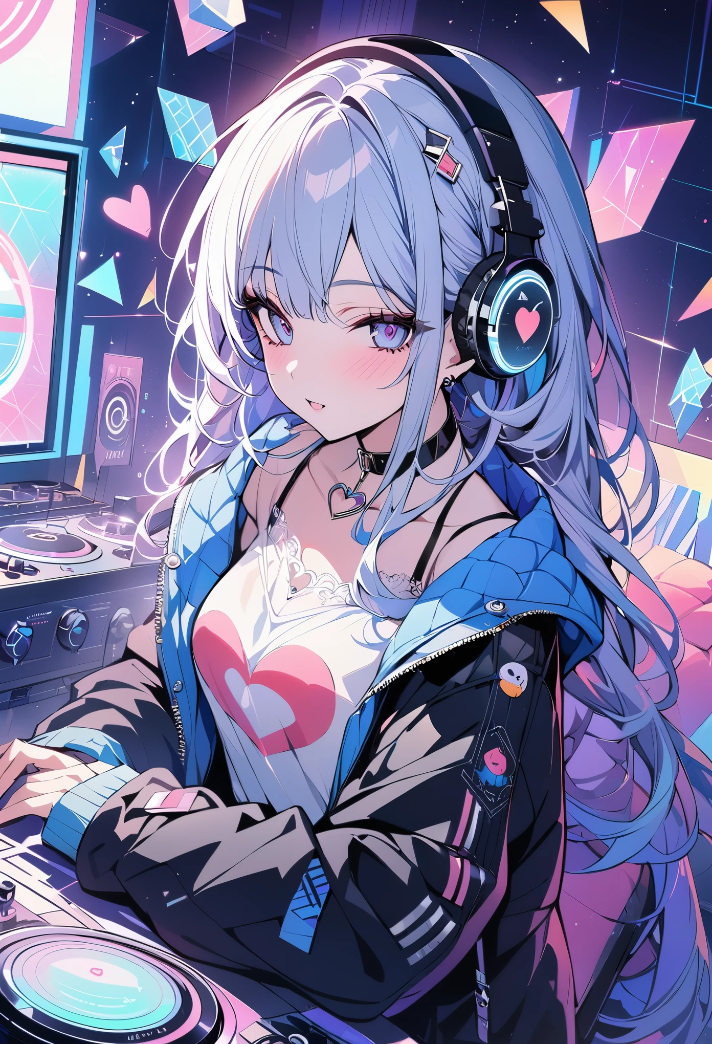 ,beautiful flower々）,mole under eye, heart shaped choker, (masterpiece, highest quality), official art, beautiful and aesthetic: 1.2), (1 girl), very detailed, (geometry art: 1.3), colorful,headphones,DJ