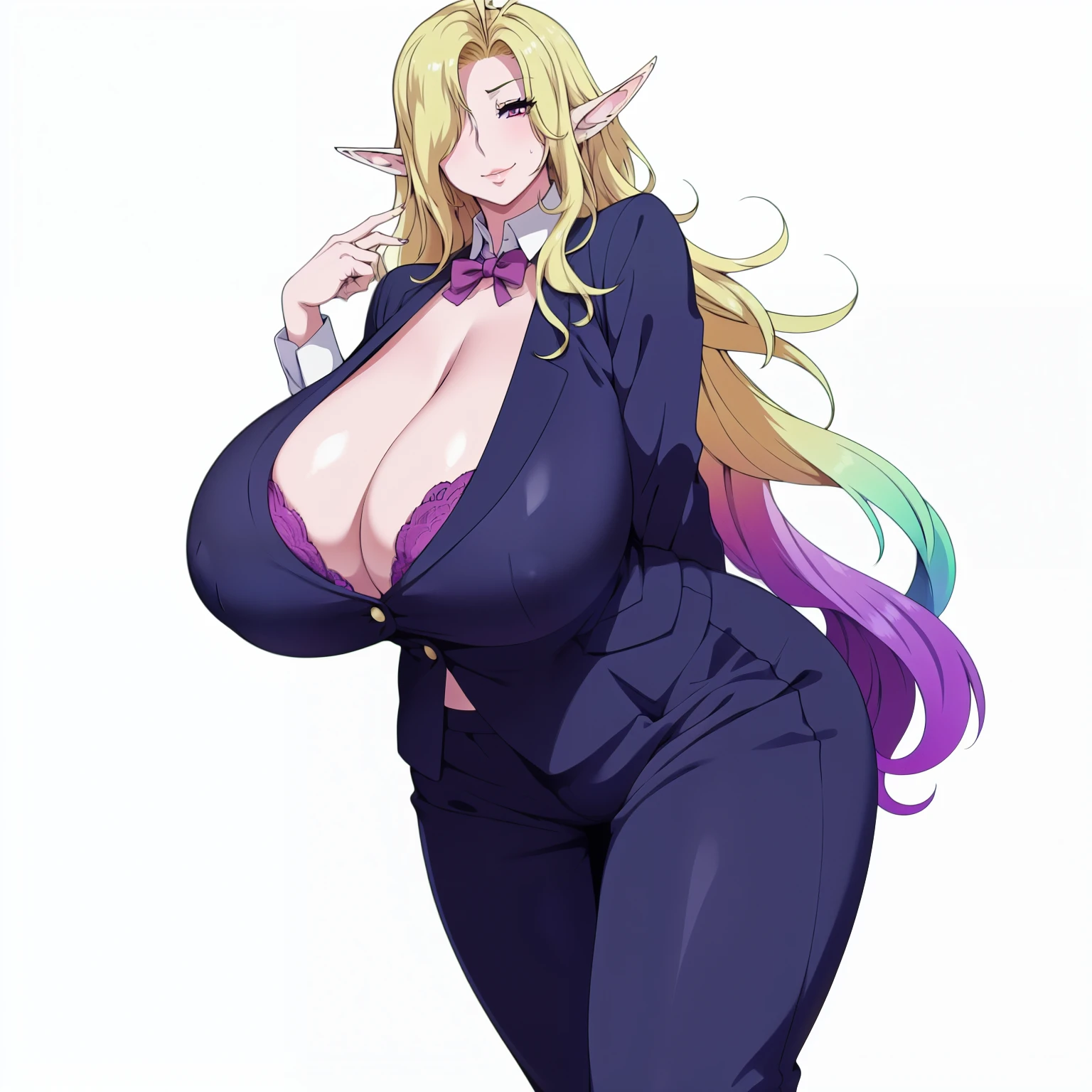 anime_screencap, 1fw.stentrem,(((hot mature mom age))), elf, very long hair, gradient hair, very erotic smirk on her face, very curvy, gigantic natural saggy Hitomi Tanaka breasts, very huge gap between breasts, BreastsApart 3 , wearing a formal teacher uniform, her breasts are covered, location is fully white space, no background only white color , fully white background behind character , png, nagatiti