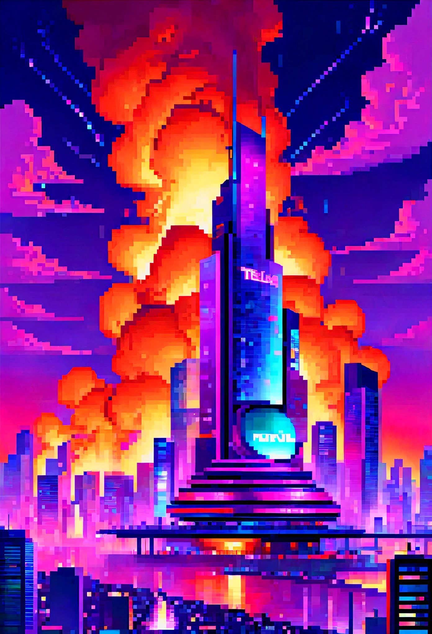 Crea una discoteca futurista con un Skyline futurista y una diabla sobre el, fuego morado alrededor, y un cartel que resalte y tenga la palabra "DIZKOTEXXXTEA" en el