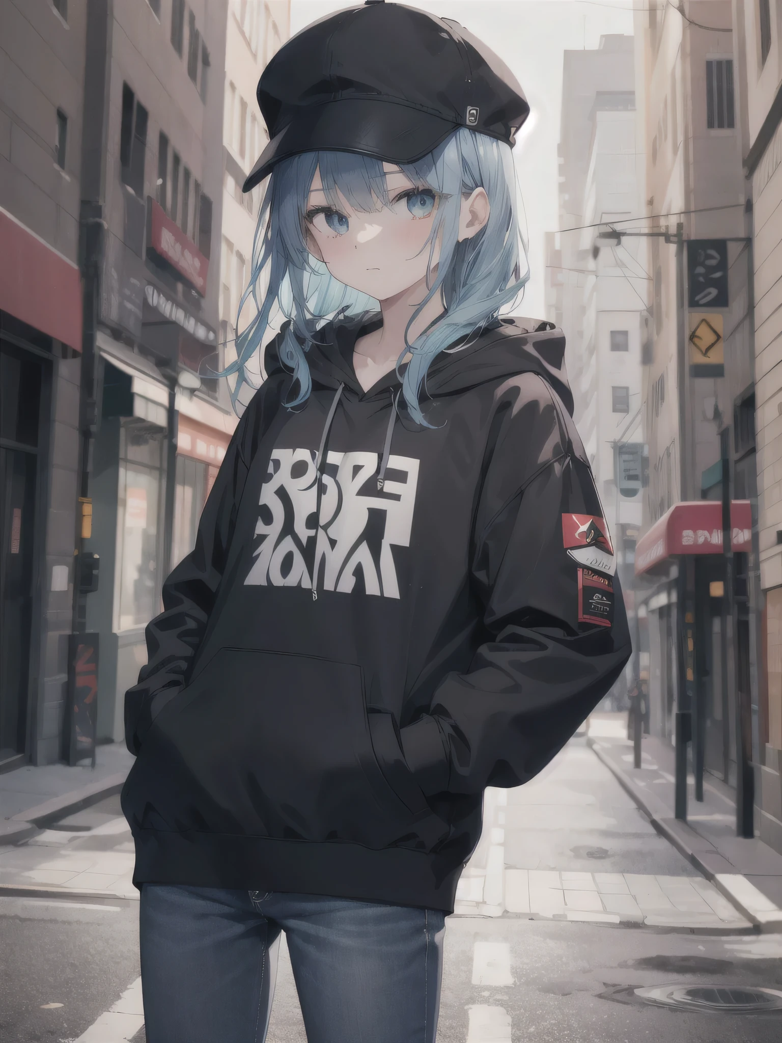 masterpiece,1girl,solo,long hair,blue hair,hoodie, mob cap, street,hand on hip, hand in pocket,looking at the viewer