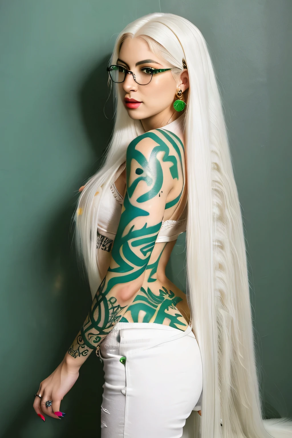 ((best quality)), ((masterpiece)), (detailed), perfect face, ((gorgeous female with 29 years old)), ((skinny body with muscles showing in her body)), ((average breasts:1.2, DD cup:1.5, thick ass, huge butt, long legs, perfect hands)), (((pale skin, very long straight white hair and green eyes: 1.5))), ((bimbo lips, average makeup)), ((body covered in glowing tattoos: 1.5, face piercings, body piercings, nipple piercings, a lot of jewelry, glasses, painted nails)), (((modern outfit)))
