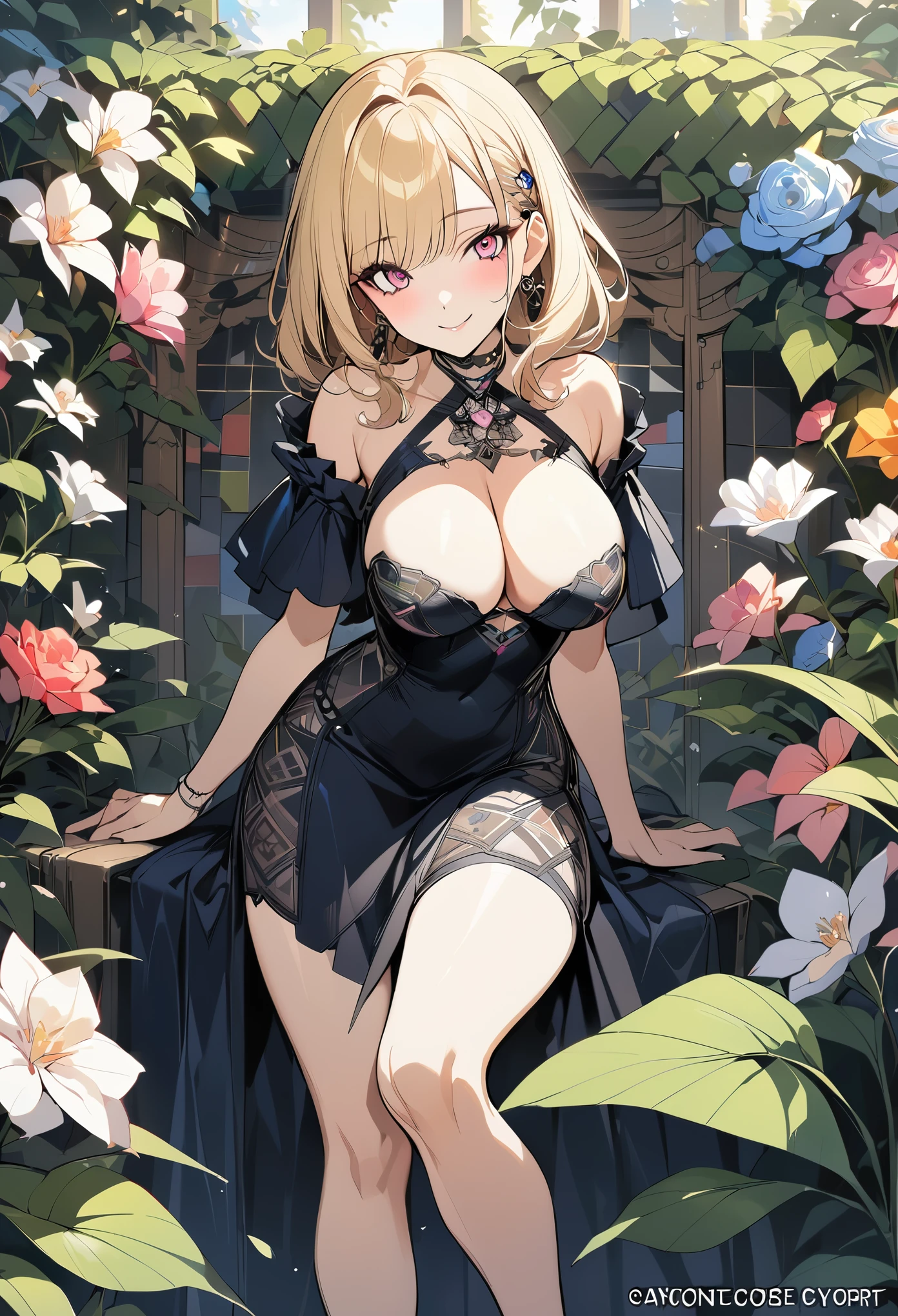 1 girl, blonde bob hair, heart shaped eyes, ♡, big breasts, lace queen, {girl with blonde bob hair named nao}, (Pink eye color), {race car}, (smile), bright background , mole under eye, Star-shaped choker, (masterpiece, highest quality), very detailed, highest quality, official art, beautiful and aesthetic: 1.2), (1 girl), very detailed, (geometry art: 1.3), colorful, most detailed ,(garden,beautiful flower々), (masterpiece, highest quality), official art, beautiful and aesthetic: 1.2), (1 girl), very detailed, (geometry art: 1.3), colorful