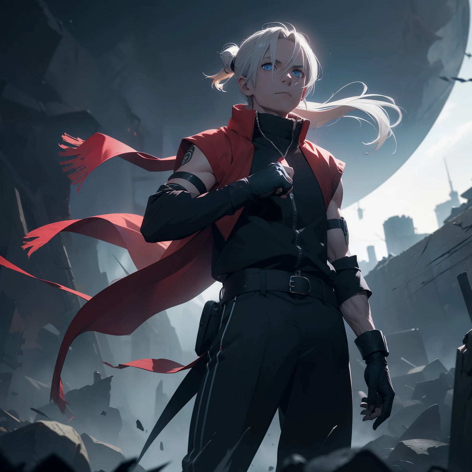 (26 years old), (male), Yellow hair, (Blue eyes), (Tied back ponytail), red scarf, red vest, sleeveless, black pants, black gloves, slim, up to legs, Magic Circle Through behind, ((Game Of Punishing Gray Raven Theme)).