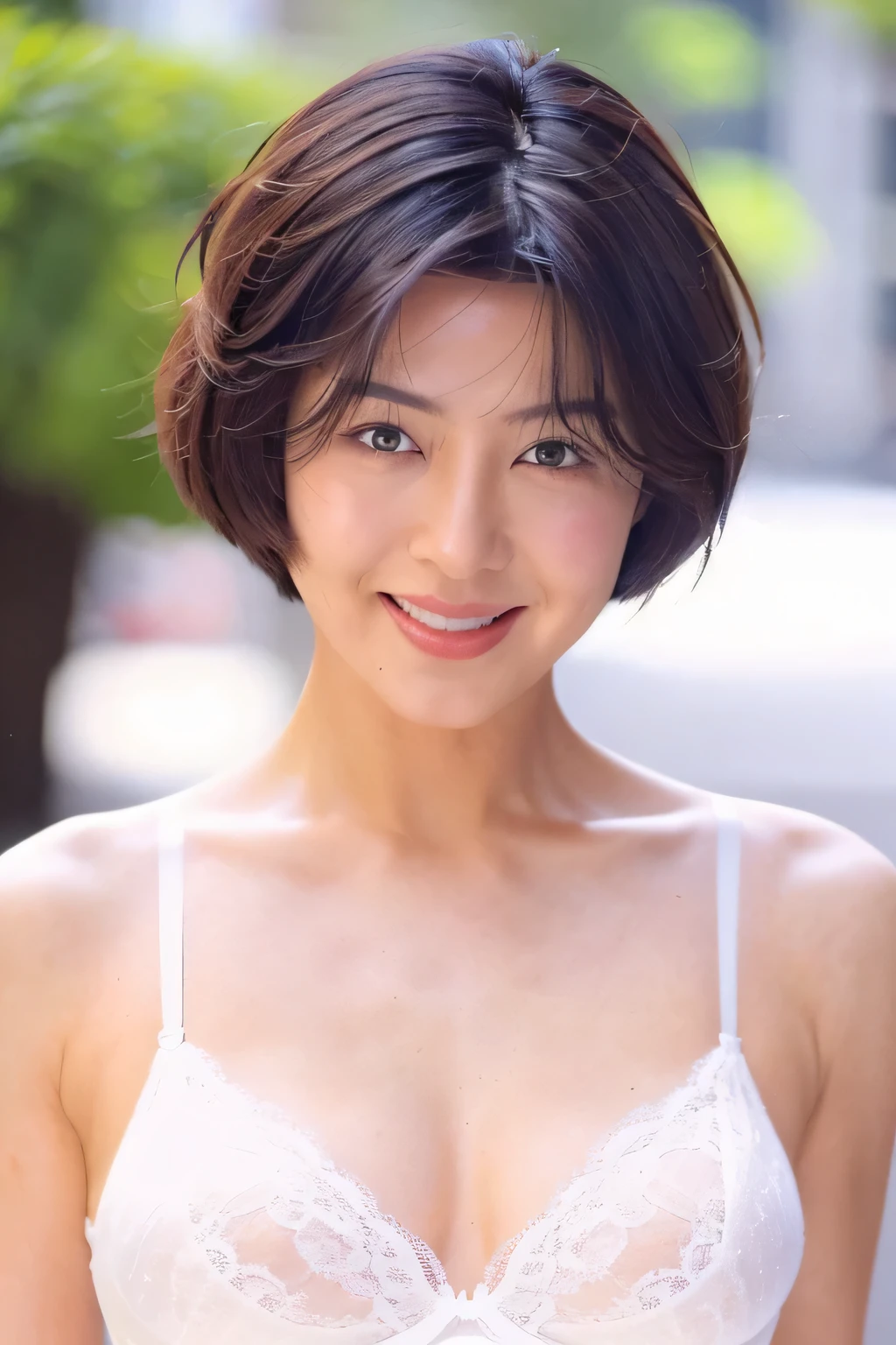NSFW:1.5,((highest quality、8K resolution、master masterpiece、portrait:1.3)), Photoreal, 35mm film, 1 Japanese female, Upper body,Beautiful woman, on the street during the day, wrinkles around the eyes, plump body,pixie bob cut_boyish、bangs,smile,((white lace bra_panties:1.3)) , (outdoor:city street 1.3), jumbled background,look at the audience,Tokyo cityscape:1.3