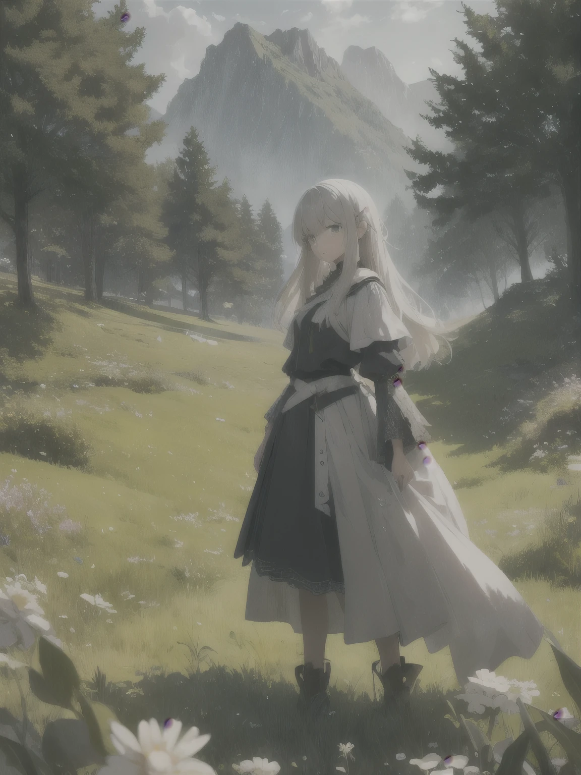 In a green meadow stands a girl leading a group of knights.
BREAK
With a brave expression, she guides them towards their destination.
BREAK
Behind her, a green forest stretches out and beyond that, mountains rise in the distance.
BREAK
The most suitable effect for this scene would be a watercolor painting technique to capture the softness of the meadow and the fluidity of the movement.