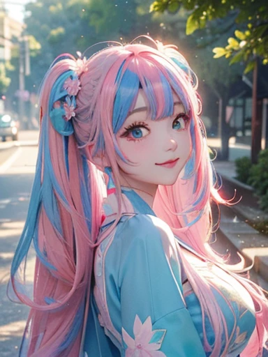 The arrival of autumn、Full body portrait from head to toe、big butt、big breasts、 (alone:1.5,)Super detailed,明るいcolor, very beautiful detailed anime face and eyes, look straight, ;d, shiny_skin,girl, (((虹colorの髪, colorful hair, Half blue、half pink hair: 1.2))), 、forehead is exposed.、green eyes、、shiny hair, delicate beautiful face, blush、(turquoise eyes), White skin, Valletta, earrings,、sunset、forest road、(((Floral、黄color、細かいフリルが付いた青いFloralロリータドレス,)))、twin tails、smile、happy face、face dyed red、color々pose、hip shot