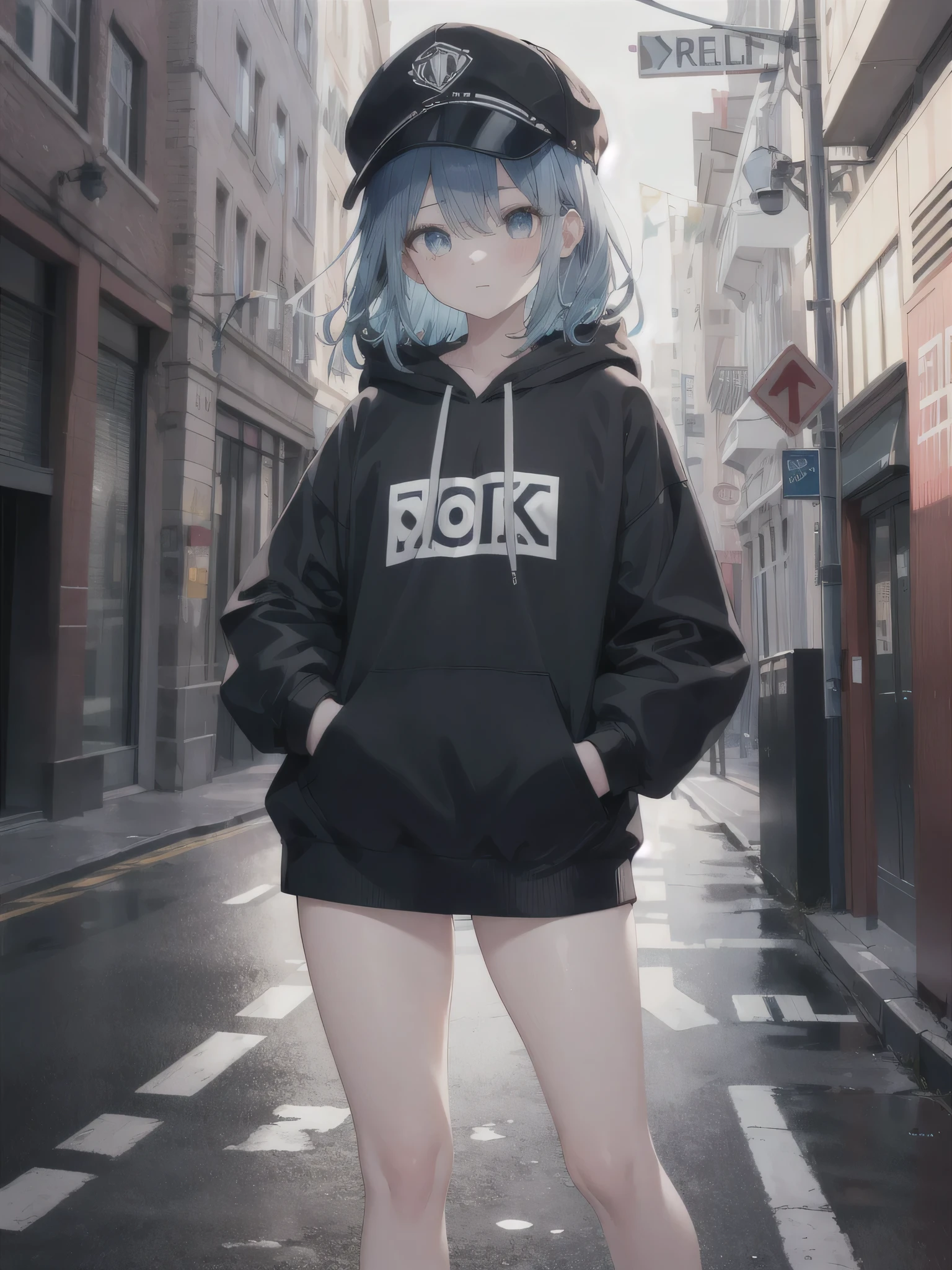 masterpiece,1girl,solo,long hair,blue hair,hoodie, mob cap, street,hand on hip, hand in pocket,looking at the viewer short height The photo shows everything from the head to the thighs.