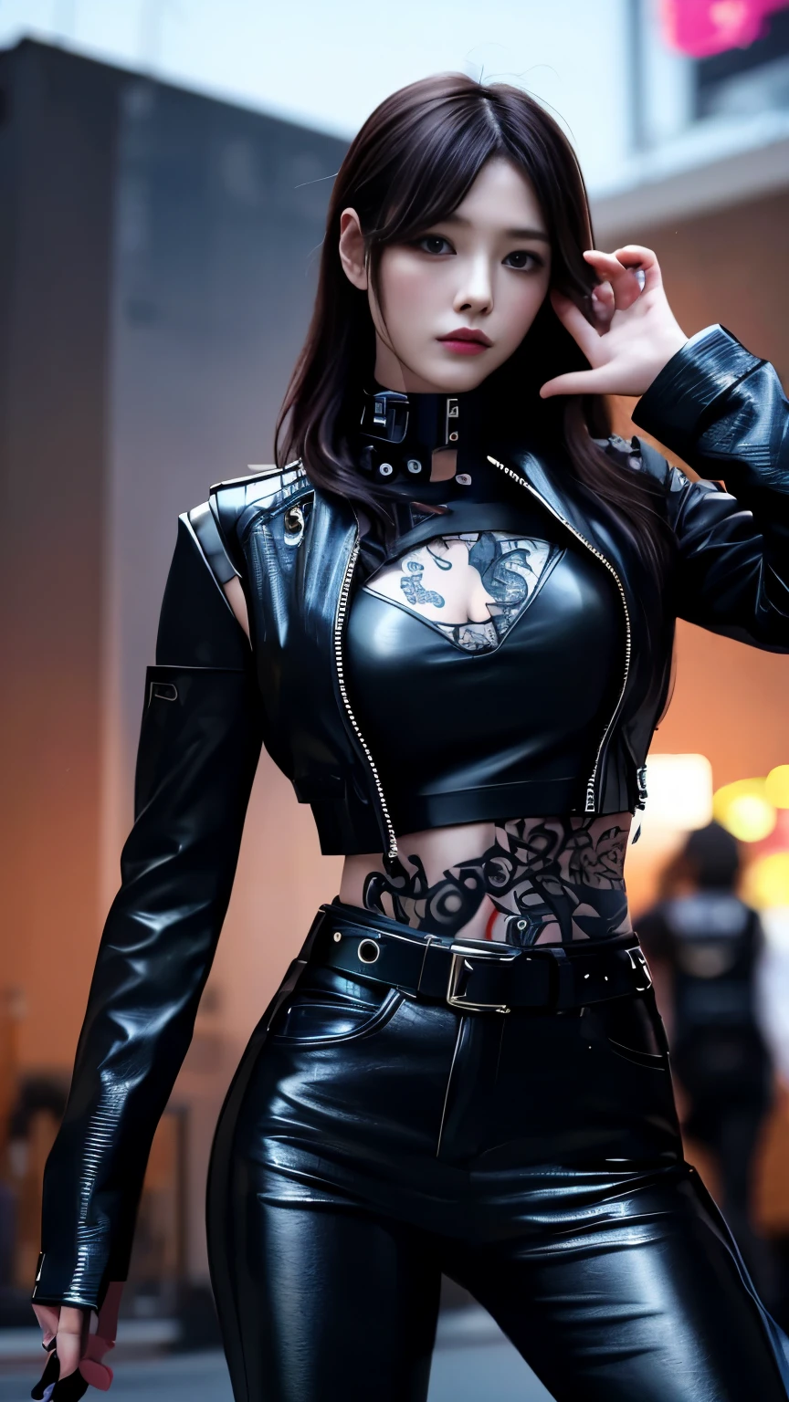 (highest quality)，masterpiece，Super detailed，8K, UHD，Beautiful woman，japanese woman，No expression，whole body，((tattoo))，slim，black leather pants，black leather vest，(female mafia)，gangster，(cyberpunk city)，night，cinematic lightening，underworld