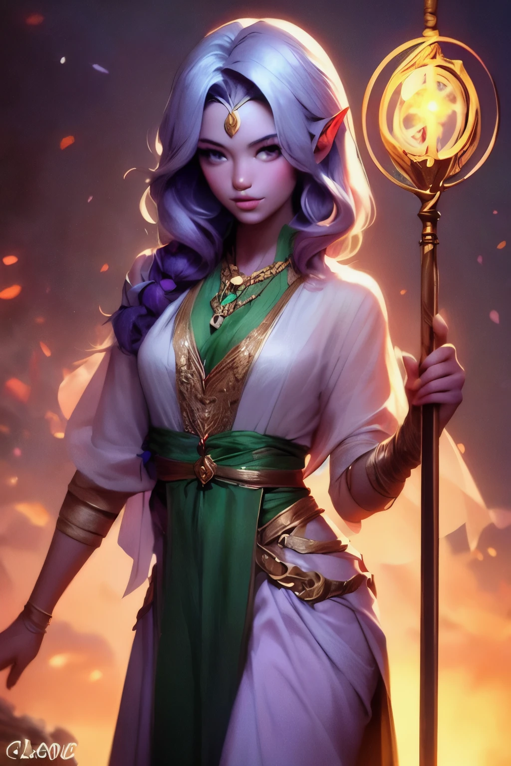 Tiefling feminina, lilac skin, cabelo azul, cabelo liso, cabelo comprido, olhos claros, an emerald necklace around the neck, holding a magic staff