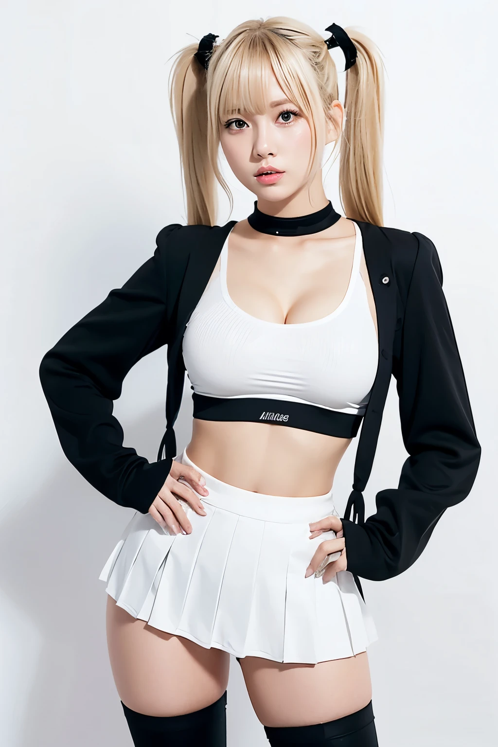blonde hair、With bangs、Pigtails、big breasts、sexy body、White sports bra、black pleated skirt、black knee high boots、standing in front of a white background