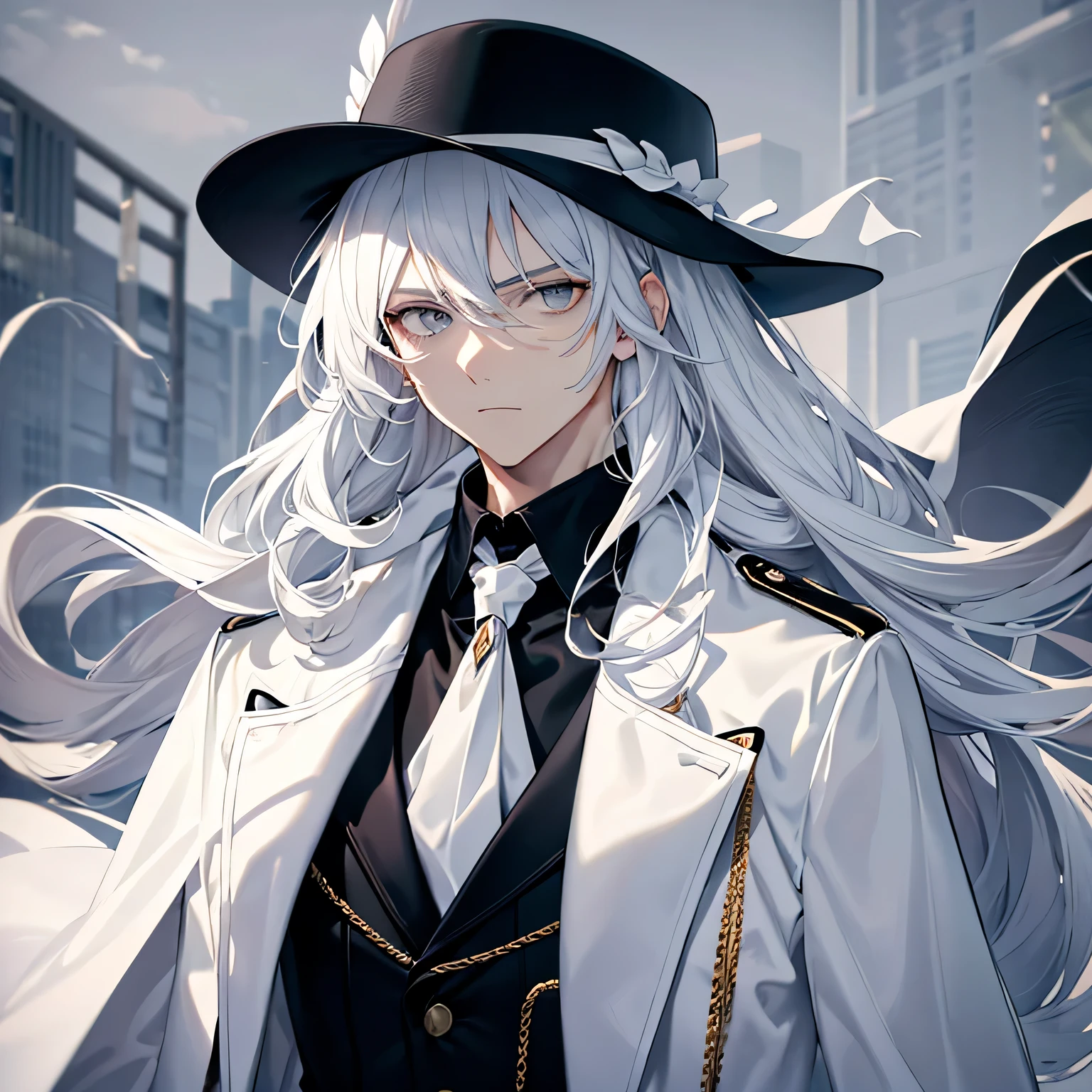 close up of tall male , poker face , white wavy long hair , grey eyes , wearing all black trench coat , and a white shawl