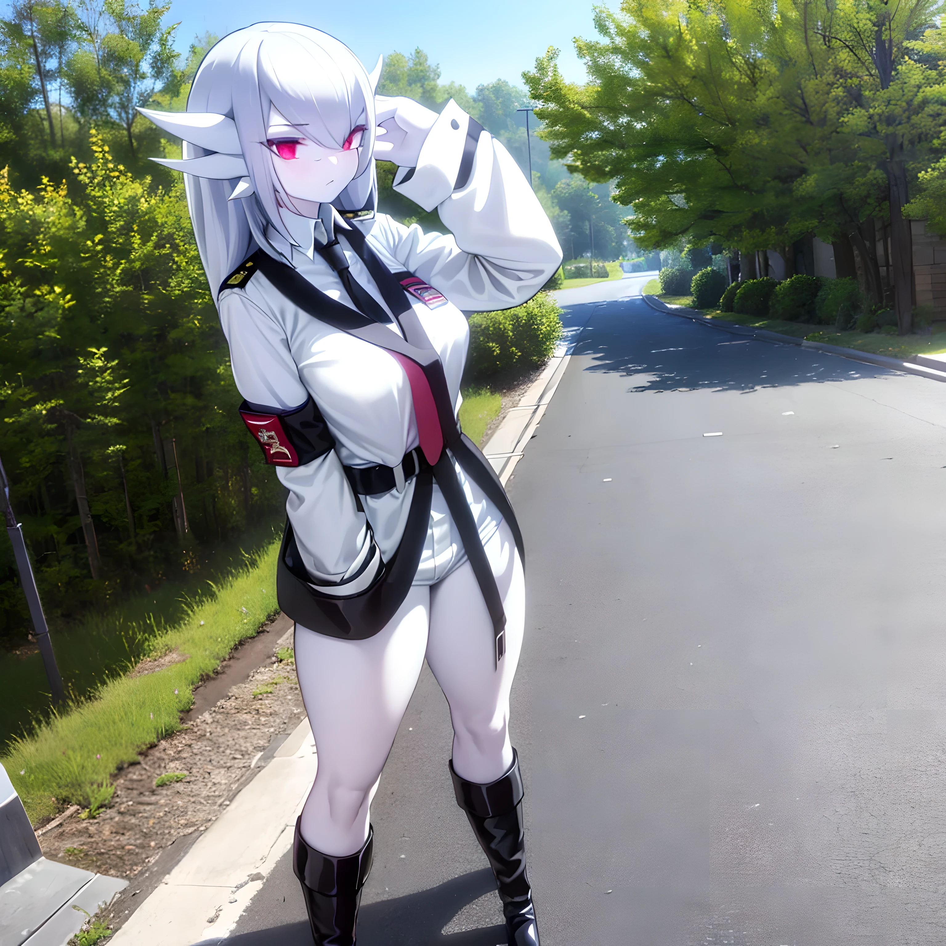 masterpiece, best quality, pov, 1 girl, solo, gardevoir, white hair, silver hair, red eyes, white skin, porcelain skin, medium breasts, excited, on a street, ruins, ruined town background, black footwear, black necktie, boots, collared shirt, griffin & kryuger military uniform, military uniform, necktie, red jacket, uniform, white shirt,