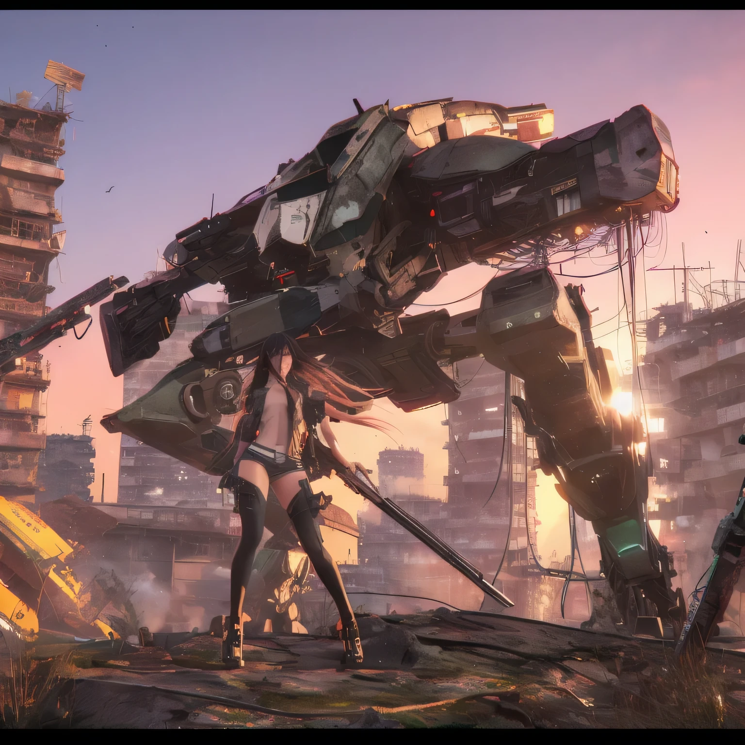 escena estilo anime de una mujer parada frente a un robot gigante, Mech descartado en segundo plano, renderizado de octanaje. por Makoto Shinkai, chica anime cyberpunk mech, cinematographic cg society, Set in post-apocalyptic Tokyo, soldados y mech pelean, sociedad cg 8k, sociedad cg 8k, sociedadcg 8 k, sociedad cg de octano, yo gigante