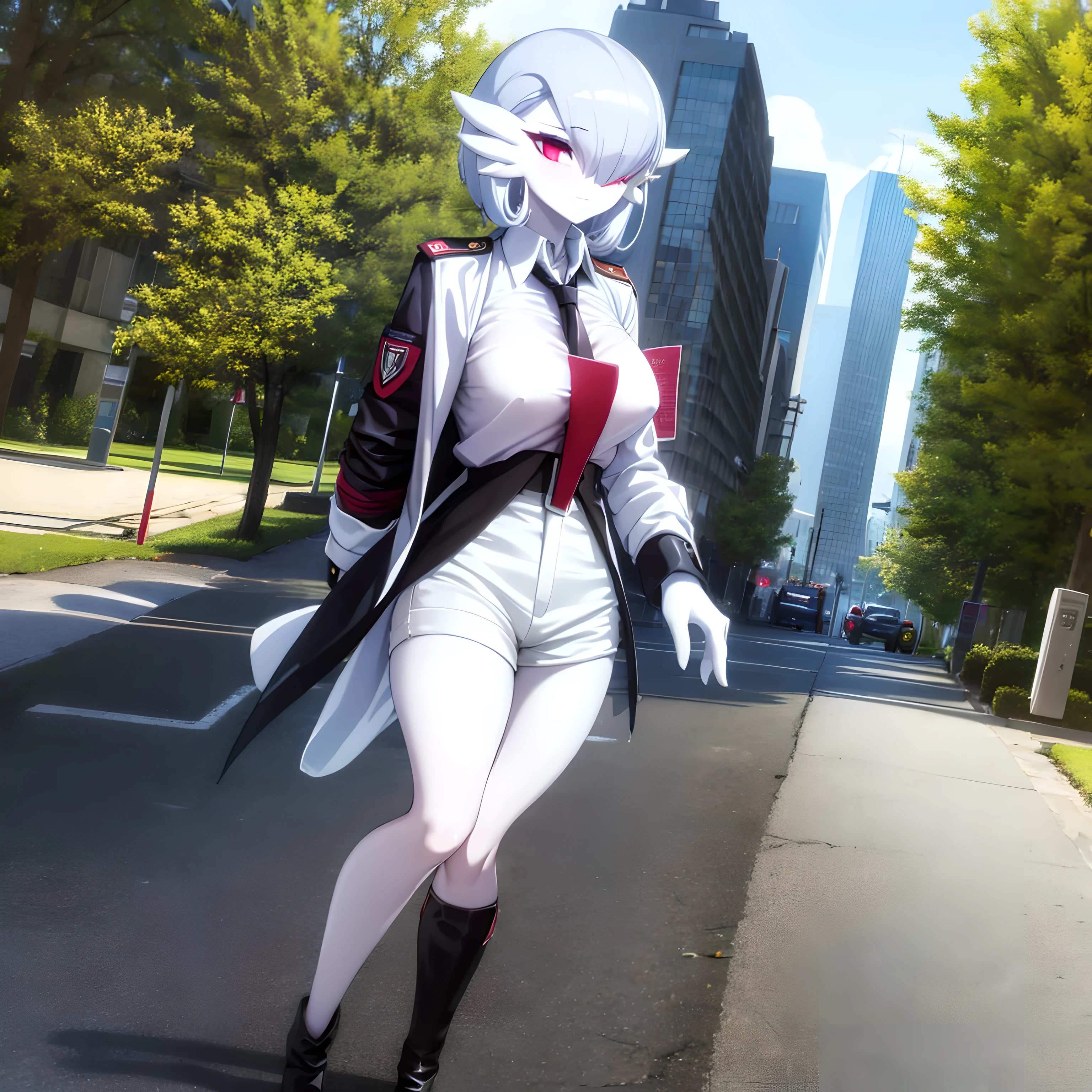 masterpiece, best quality, pov, 1 girl, solo, gardevoir, white hair, silver hair, red eyes, white skin, porcelain skin, medium breasts, excited, on a street, ruins, ruined town background, black footwear, black necktie, boots, collared shirt, griffin & kryuger military uniform, military uniform, necktie, red jacket, uniform, white shirt,