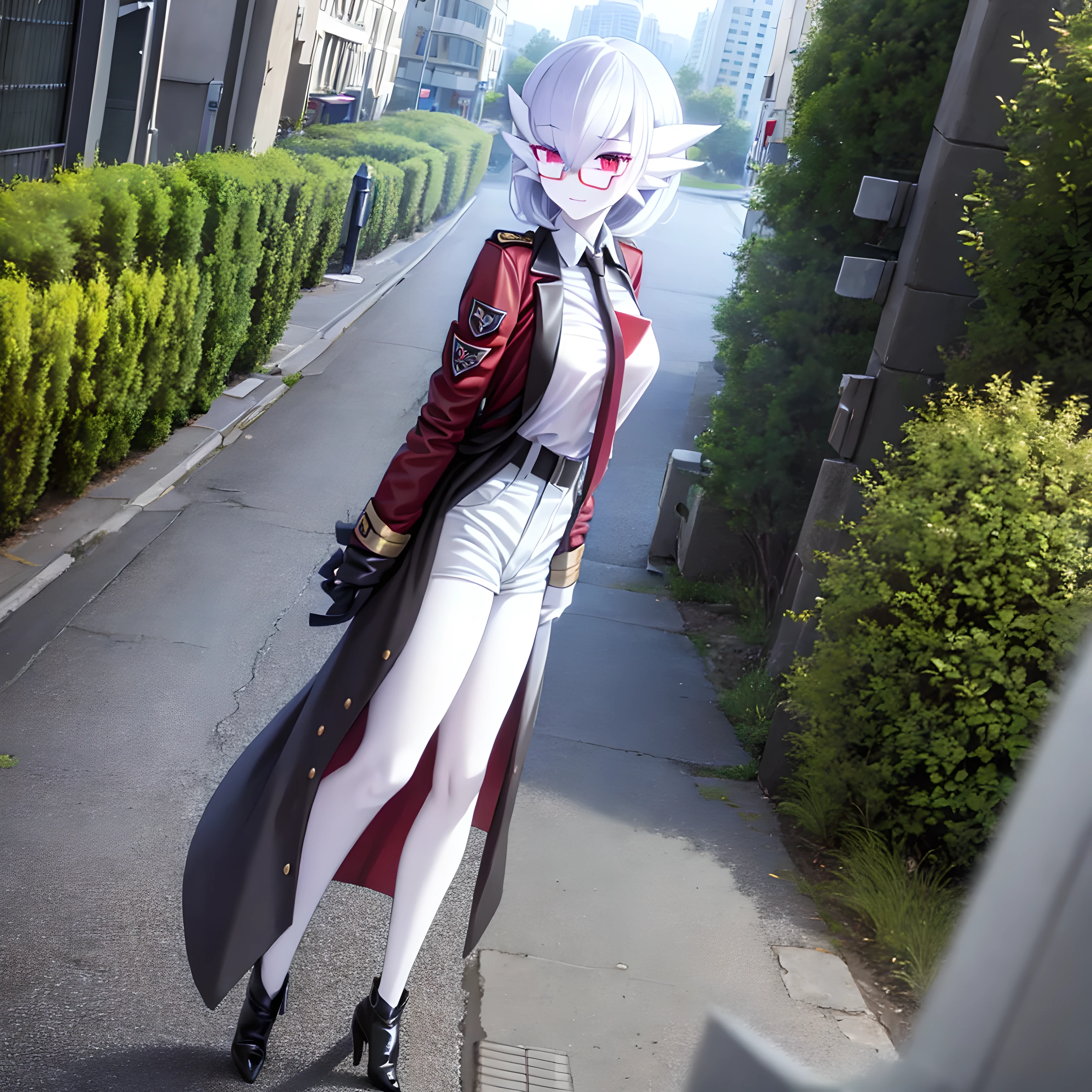 masterpiece, best quality, pov, 1 girl, solo, gardevoir, white hair, silver hair, red eyes, white skin, porcelain skin, medium breasts, excited, on a street, ruins, ruined town background, black footwear, black necktie, boots, collared shirt, griffin & kryuger military uniform, military uniform, necktie, red jacket, uniform, white shirt,