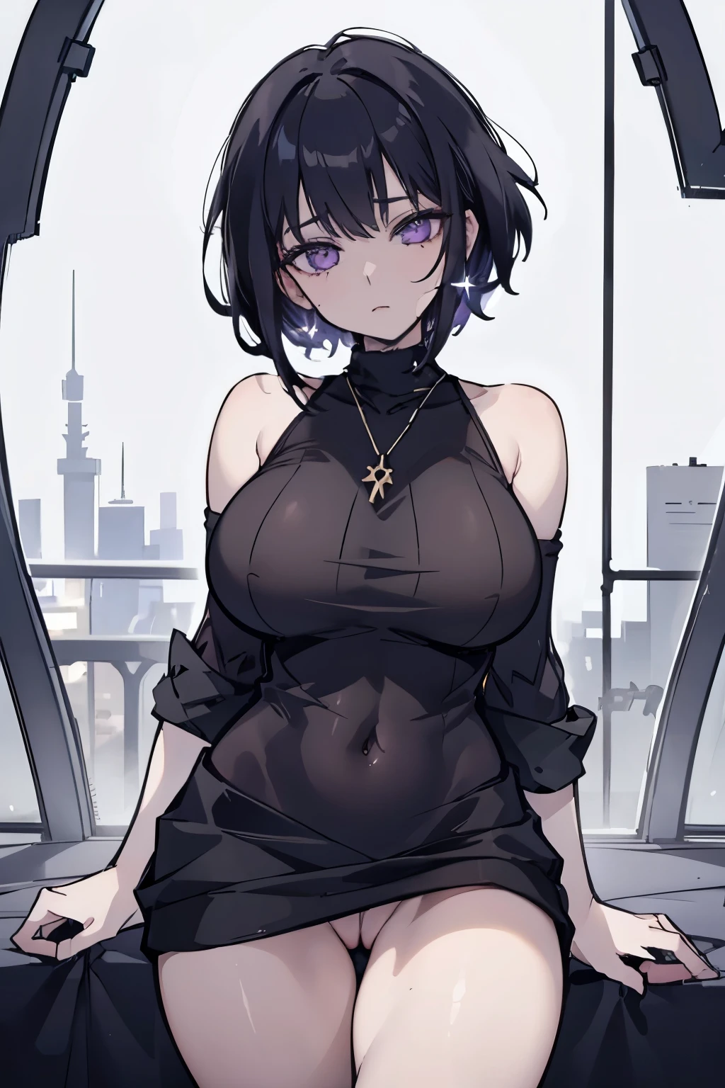 (Ultra Real), (Illustration), (High Resolution), (8K), (Very Detailed), (Best Illustration), (Beautiful Detailed Eyes), (Best Quality), (Ultra Detailed), (Masterpiece) very big breasts, Bare shoulders attractive legs, (busty), (perky) (huge ass) (bubble butt) human_feet, messy hair, black hair, (purple eyes:1.1), barefoot, bare shoulders, RaidenGenshin_NDV, 1girl, mole under eye, virgin killer sweater, short hair, black sweater, catlike puples, thick thighs, wide hips,