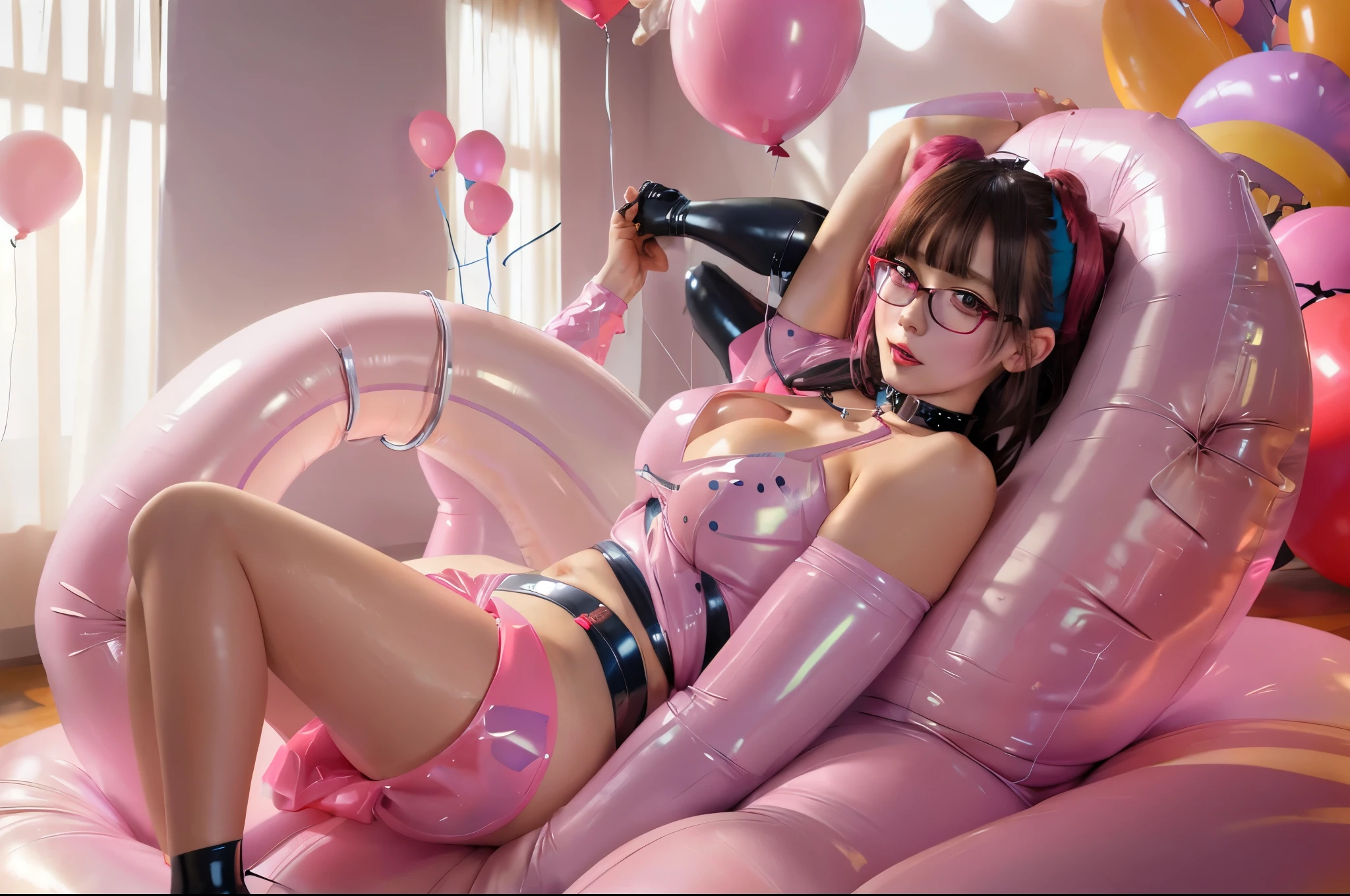 NSFW, gorgeous college professor with cute round face, long straight hair in loose bun, big round glasses, held with inflated black balloons, inside a giant pink inflatable lounge, angelic face, inflatable black balloon arm bands, inflatable bondage, long thick black rubber balloons, pink inflatables everywhere, pink and black color balloons, black balloon anklet, black balloon leg loops, black inflated collar, round face, balloon shibari