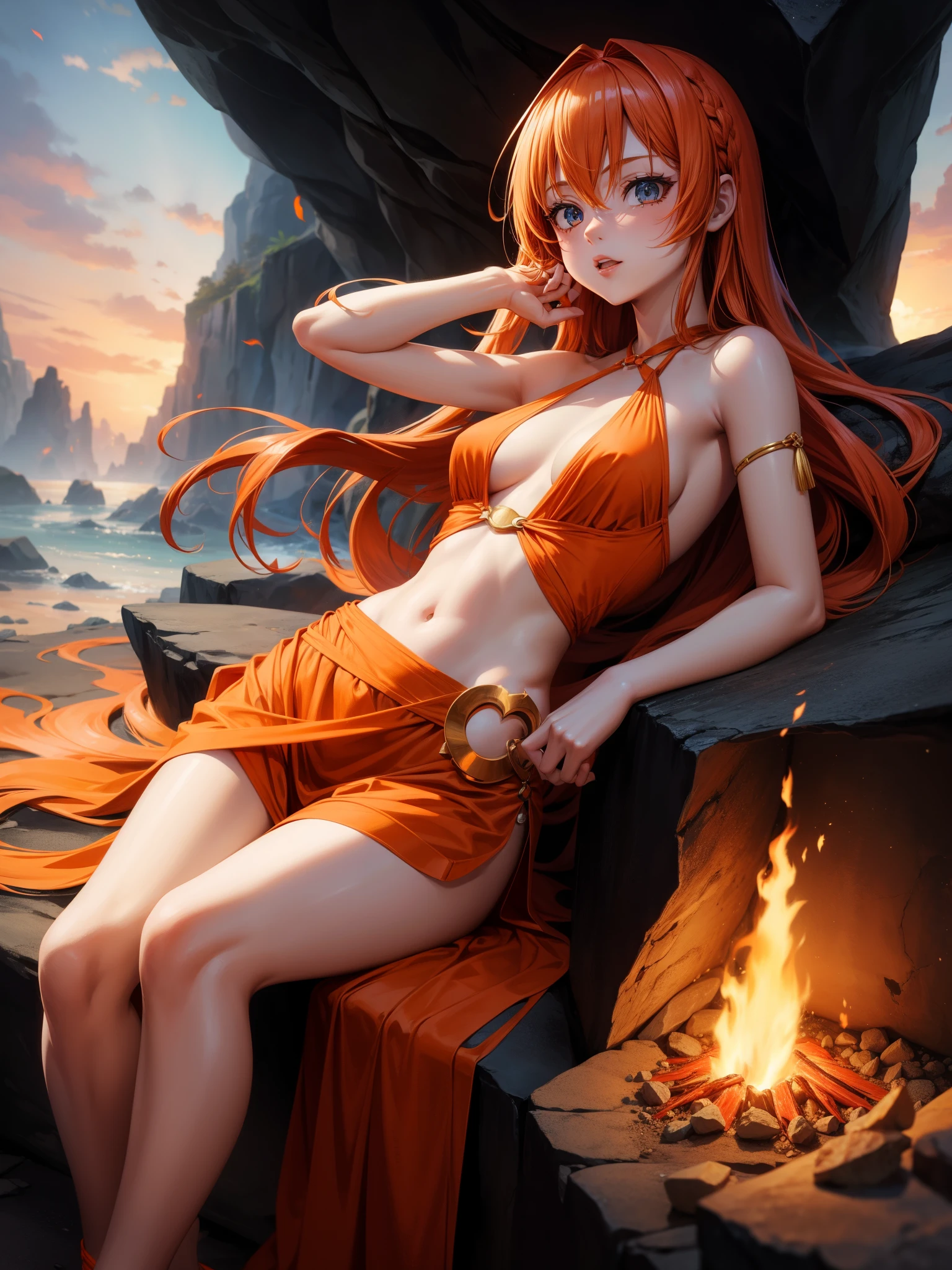 anime girl , long orange hair,wearing Halter dress top,have small breasts, cave, fire, Elif