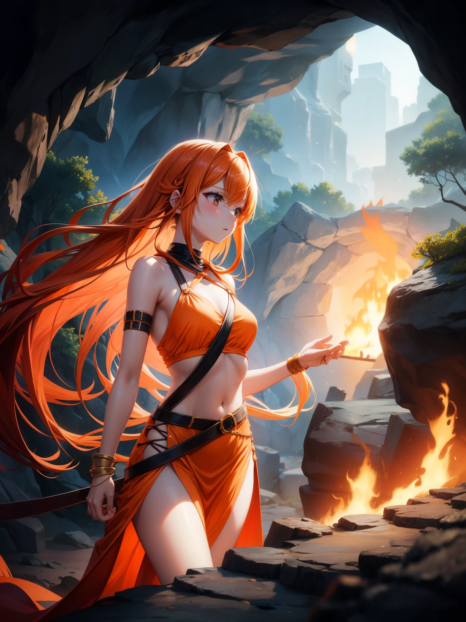 anime girl , long orange hair,wearing Halter dress top,have small breasts, cave, fire, Elif