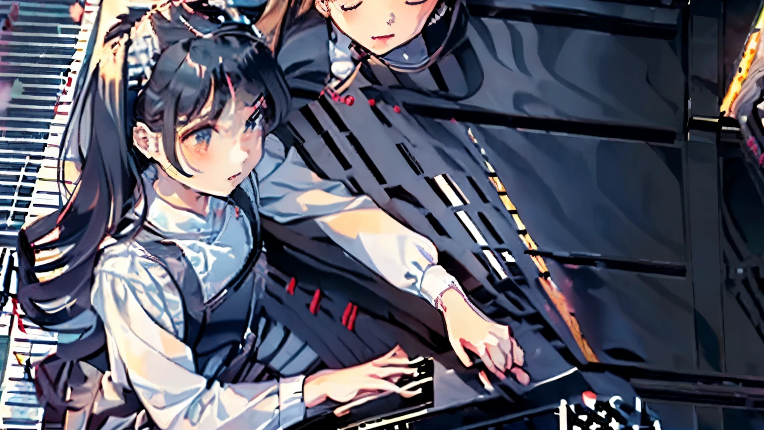 RH, 1 girl, alone, Upper body, looking at the viewer, sitting, upper corner, hair ornaments, long sleeve, white shirt, tie, collared shirt, orange vest, black skirt, perfect quality, good quality, masterpiece, HDR, UHD, School, music room, Grand piano, playing the piano, (piano performance:2, play the piano:2)